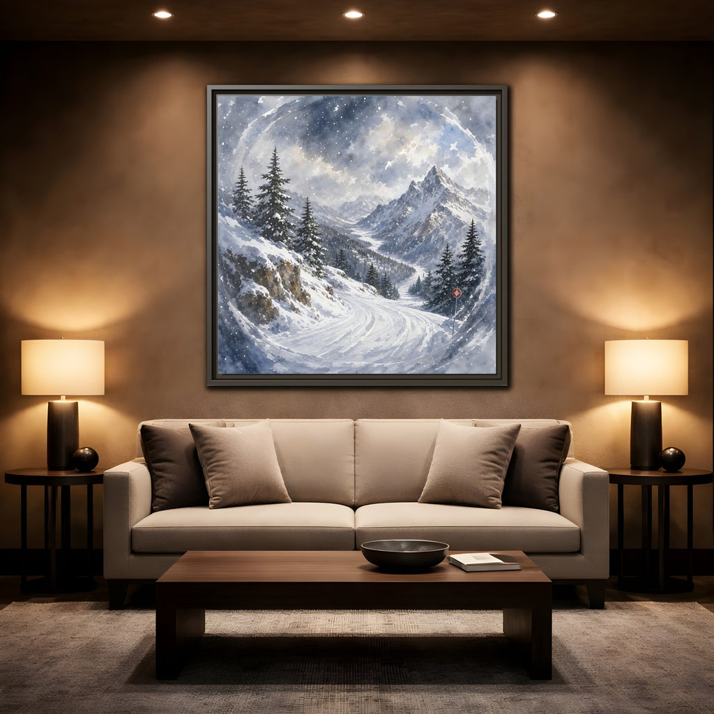 Mockup 2. Nature Snowy Mountains Blue And White shown as stretched canvas wall art