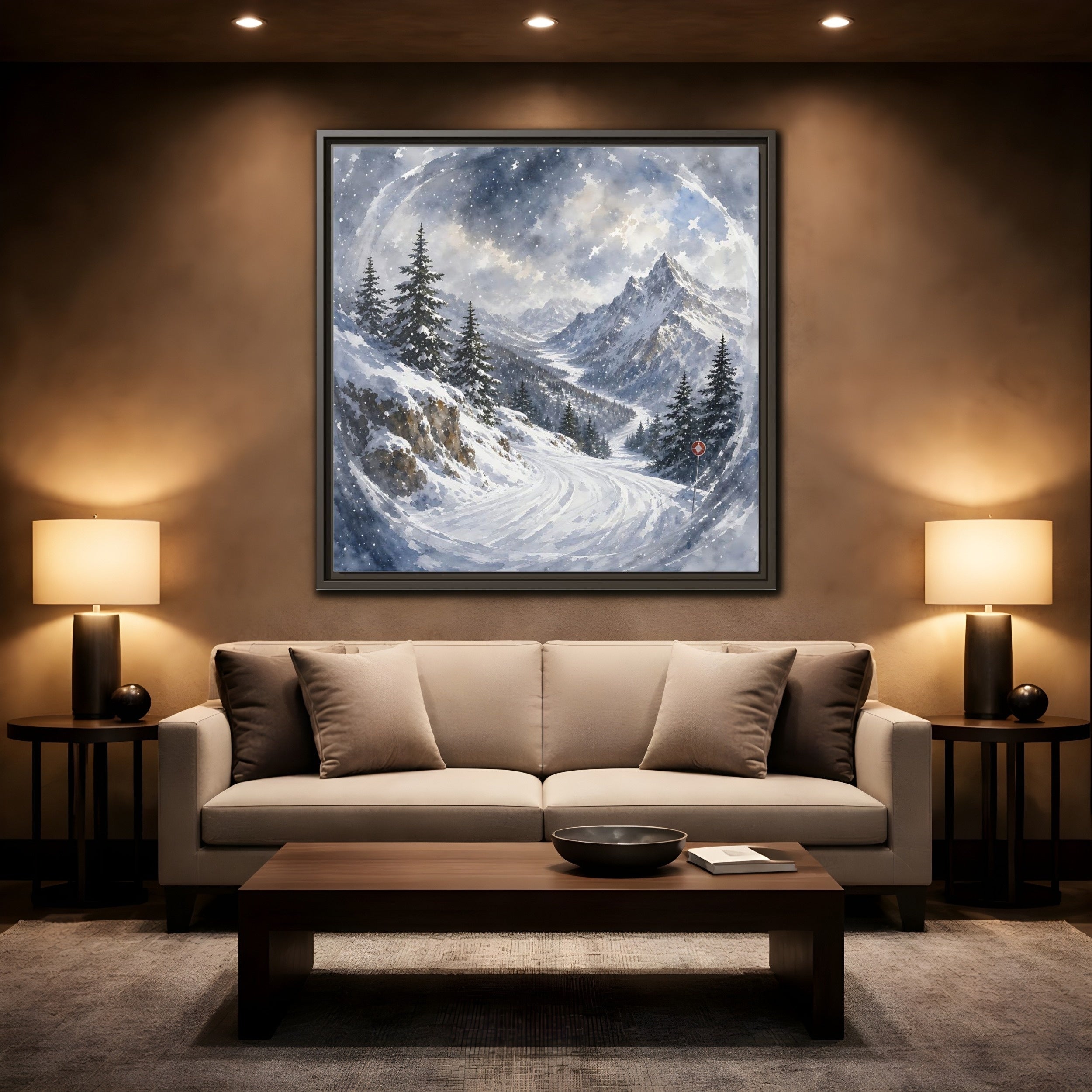 Mockup 2. Nature Snowy Mountains Blue And White shown as stretched canvas wall art