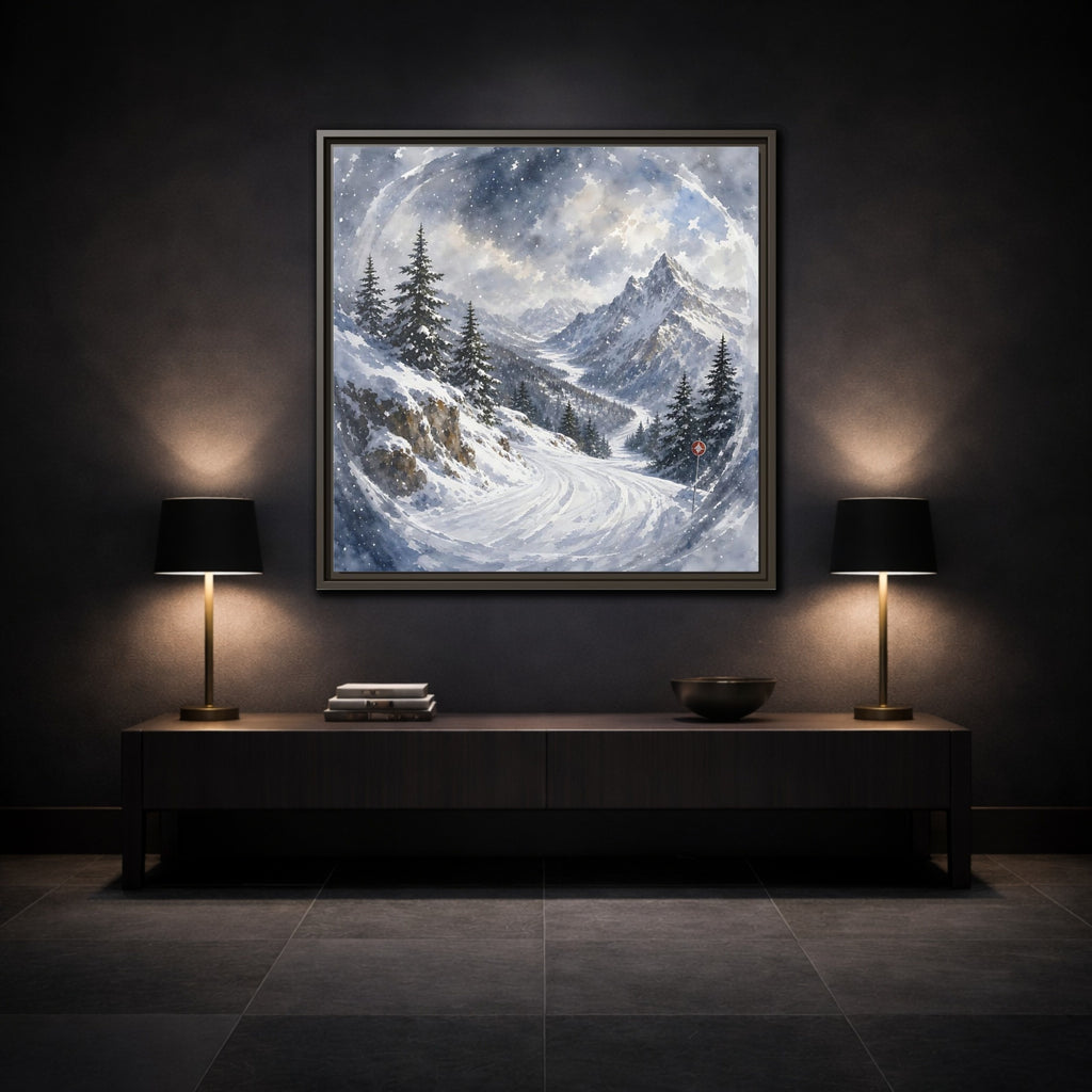 Mockup 3. Nature Snowy Mountains Blue And White shown as stretched canvas wall art