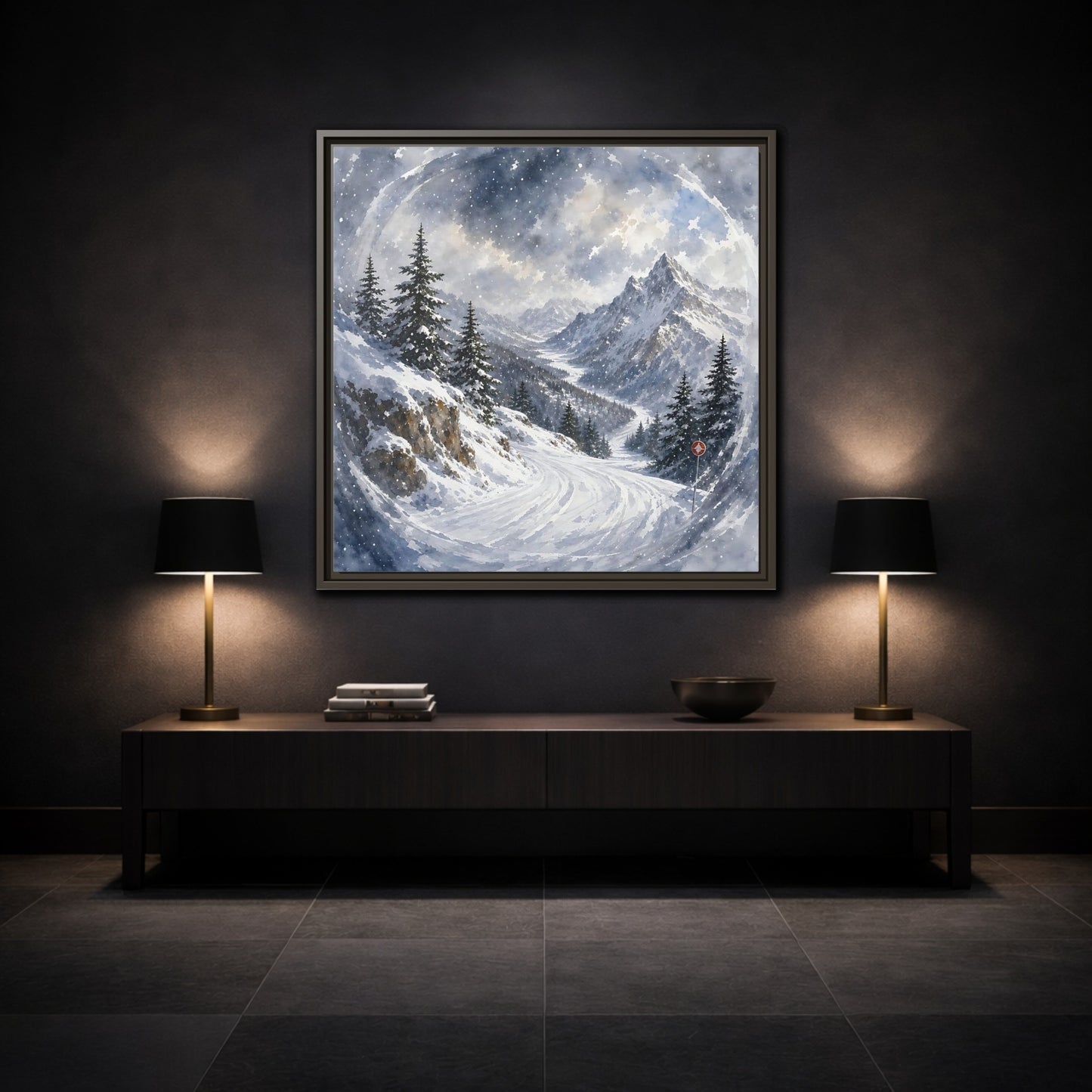 Mockup 3. Nature Snowy Mountains Blue And White shown as stretched canvas wall art