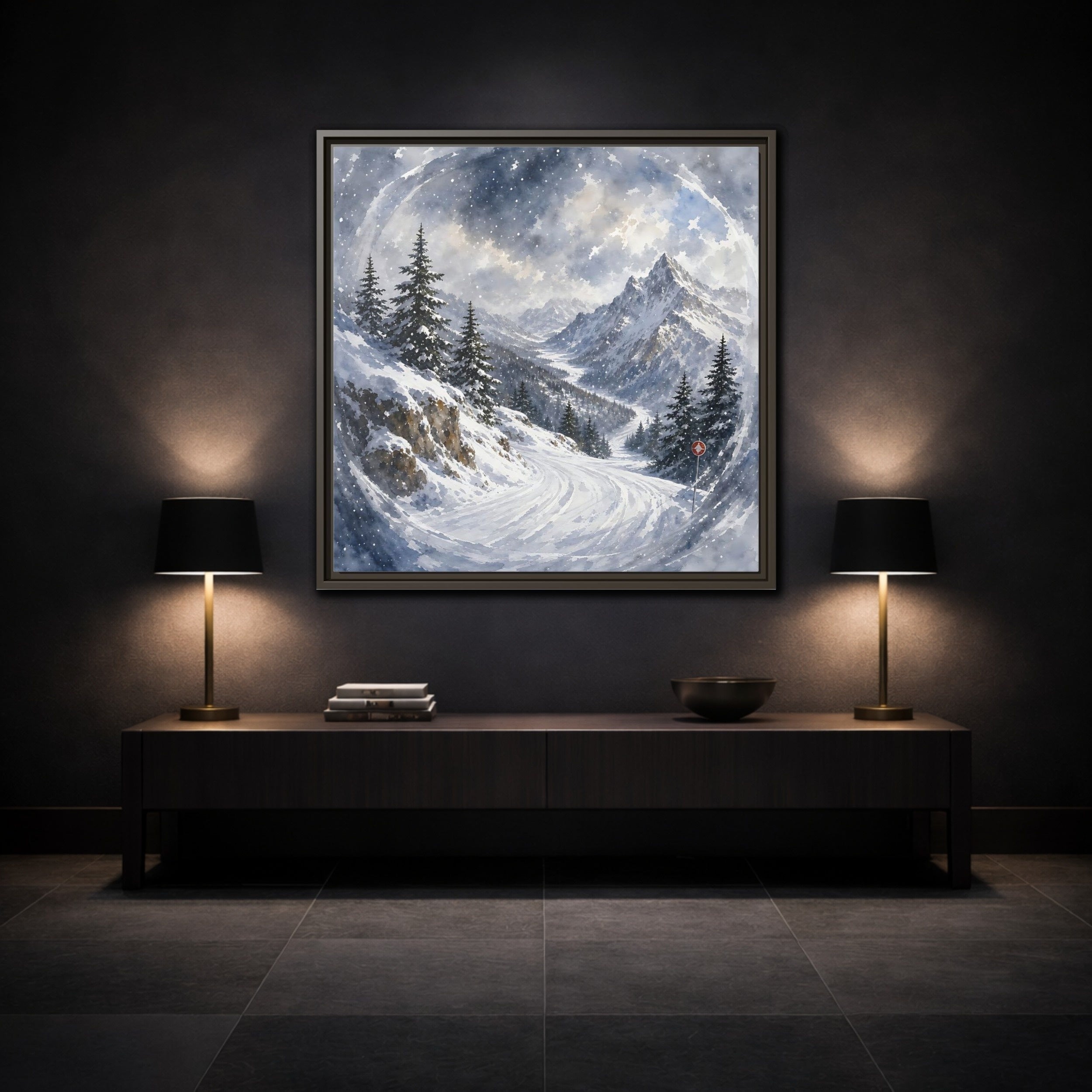 Mockup 3. Nature Snowy Mountains Blue And White shown as stretched canvas wall art