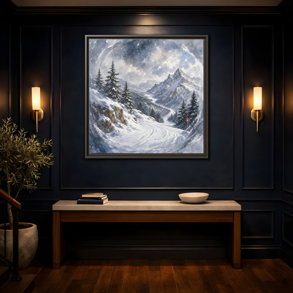 Mockup 4. Nature Snowy Mountains Blue And White shown as stretched canvas wall art