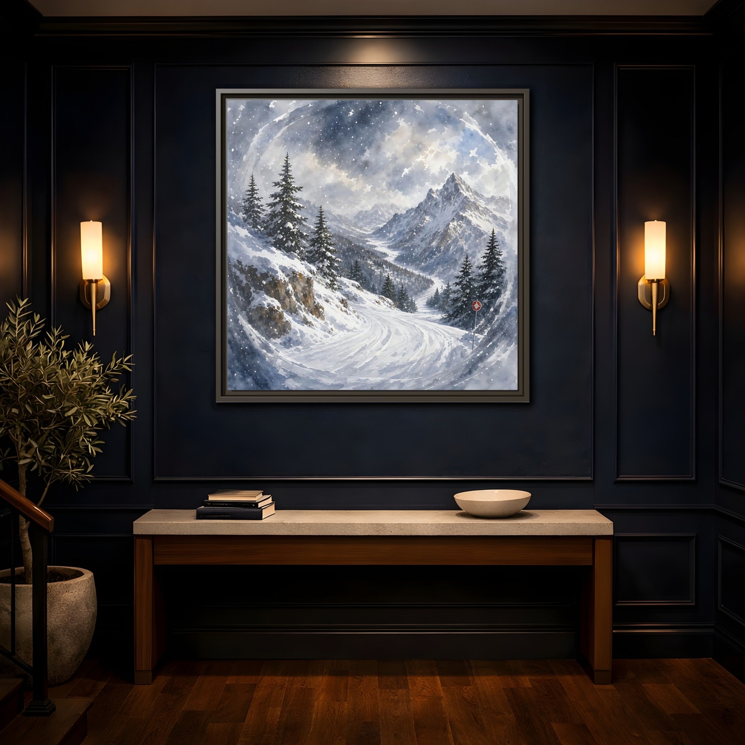 Mockup 4. Nature Snowy Mountains Blue And White shown as stretched canvas wall art