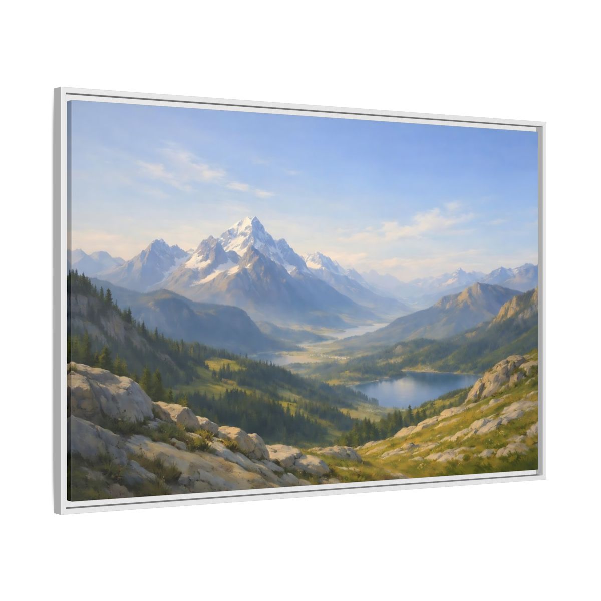 Side Mockup 7. Nature Snowy Mountains Blue Green Landscape shown as stretched canvas wall art