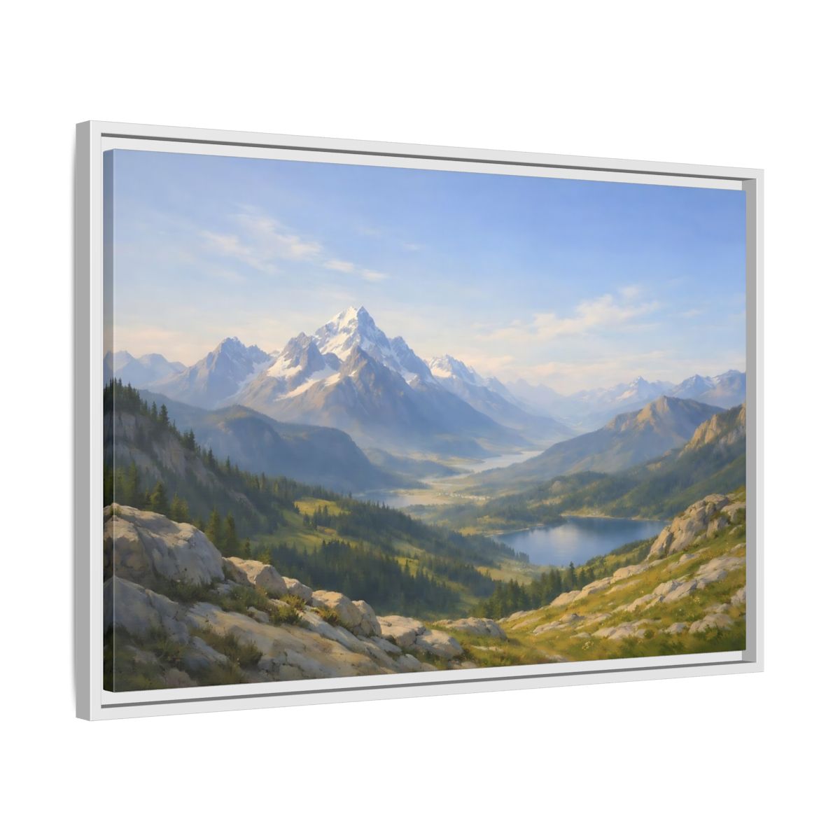 Side Mockup 10. Nature Snowy Mountains Blue Green Landscape shown as stretched canvas wall art