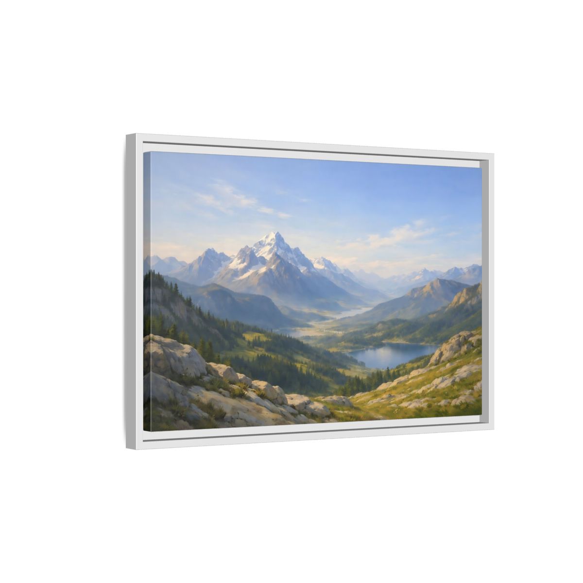Side Mockup 1. Nature Snowy Mountains Blue Green Landscape shown as stretched canvas wall art