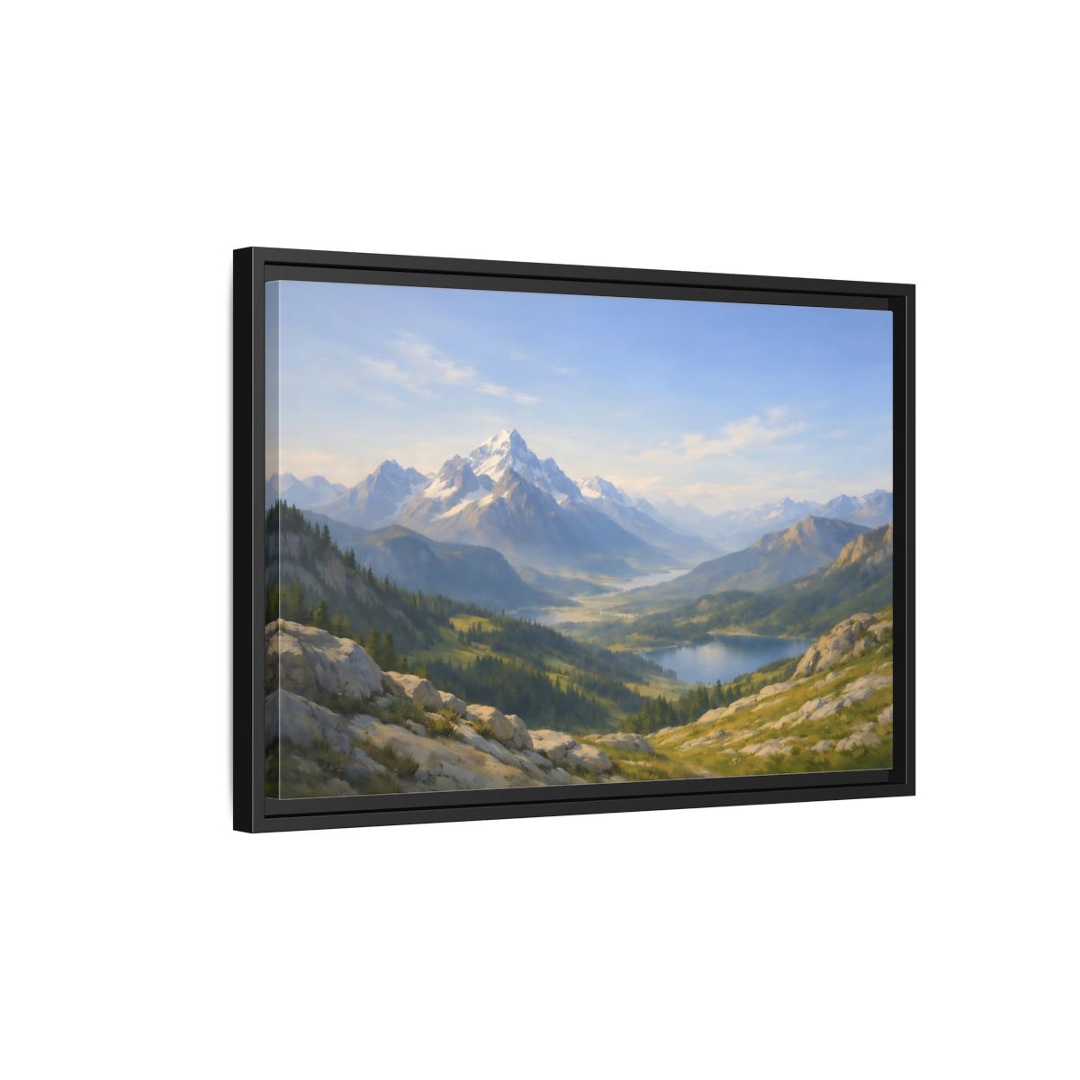 Side Mockup 3. Nature Snowy Mountains Blue Green Landscape shown as stretched canvas wall art