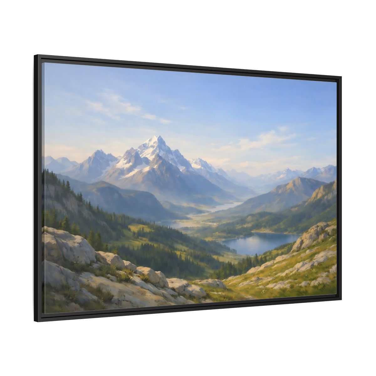 Side Mockup 12. Nature Snowy Mountains Blue Green Landscape shown as stretched canvas wall art