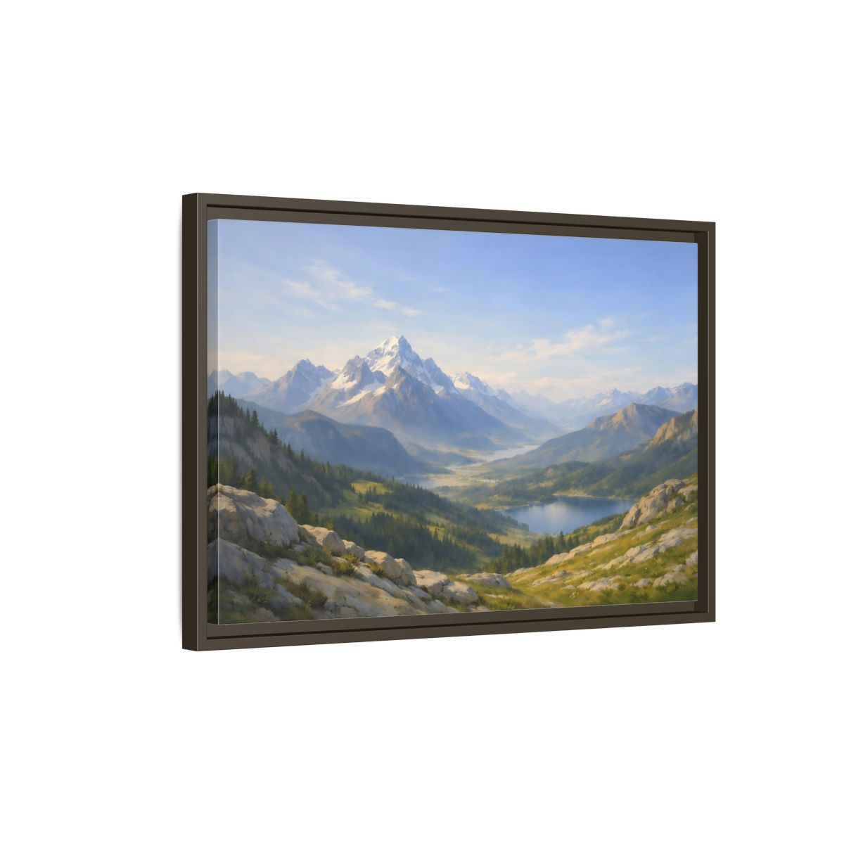 Side Mockup 2. Nature Snowy Mountains Blue Green Landscape shown as stretched canvas wall art