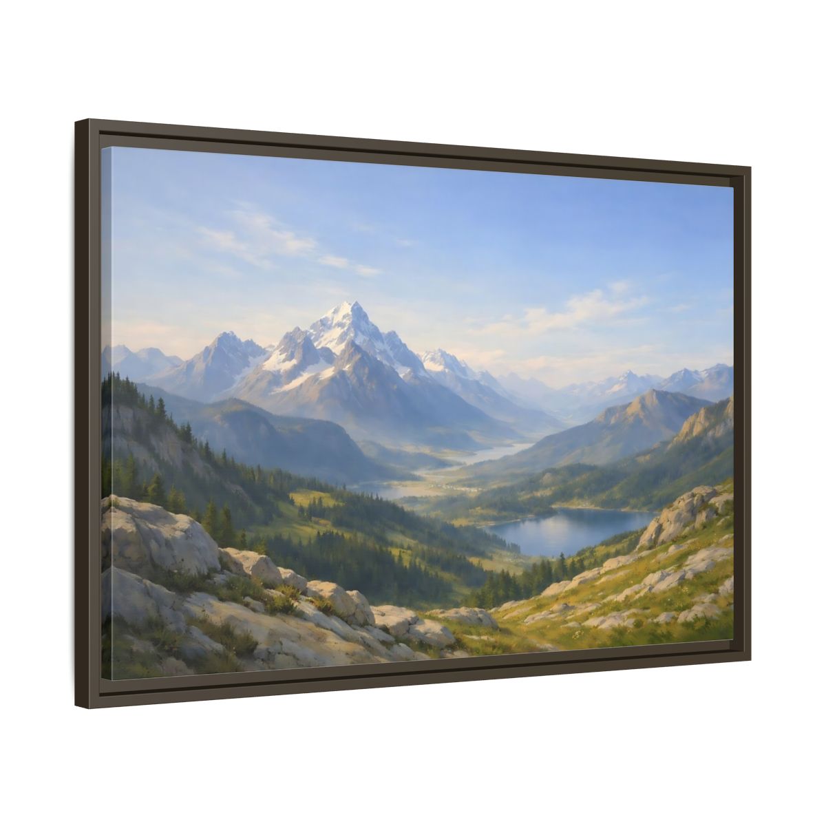 Side Mockup 11. Nature Snowy Mountains Blue Green Landscape shown as stretched canvas wall art