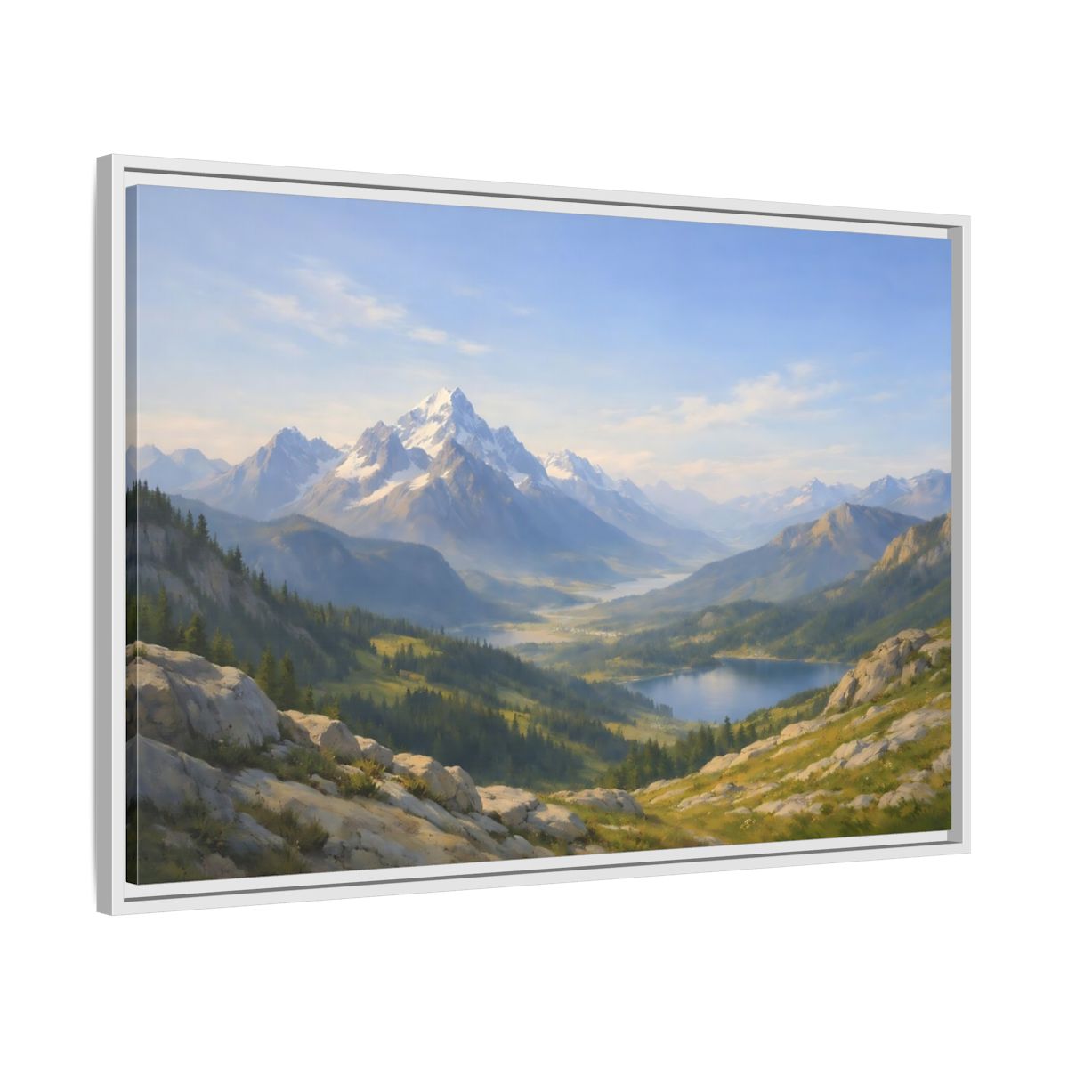 Side Mockup 9. Nature Snowy Mountains Blue Green Landscape shown as stretched canvas wall art