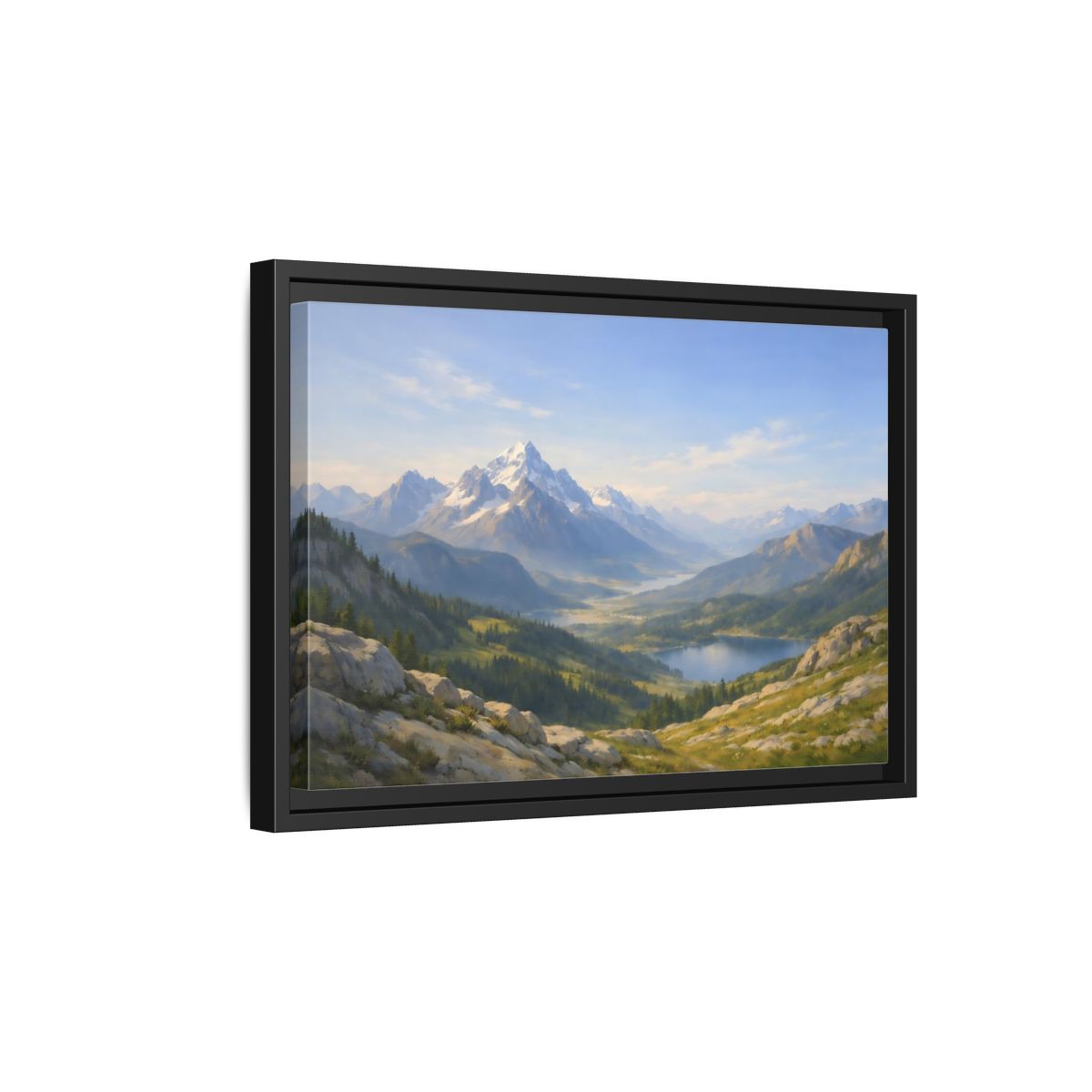 Side Mockup 6. Nature Snowy Mountains Blue Green Landscape shown as stretched canvas wall art
