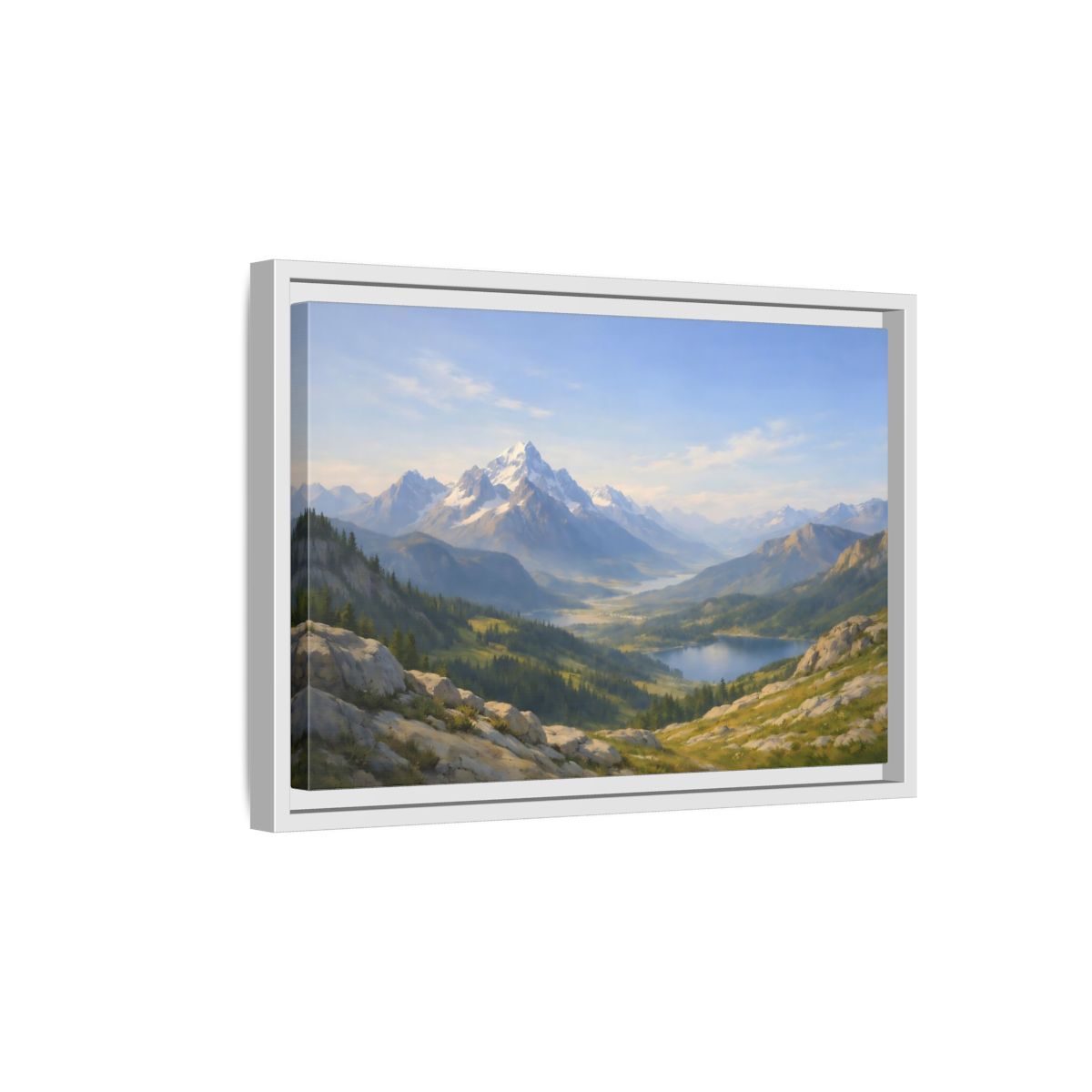 Side Mockup 4. Nature Snowy Mountains Blue Green Landscape shown as stretched canvas wall art