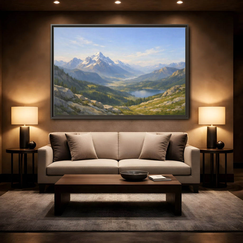 Mockup 2. Nature Snowy Mountains Blue Green Landscape shown as stretched canvas wall art