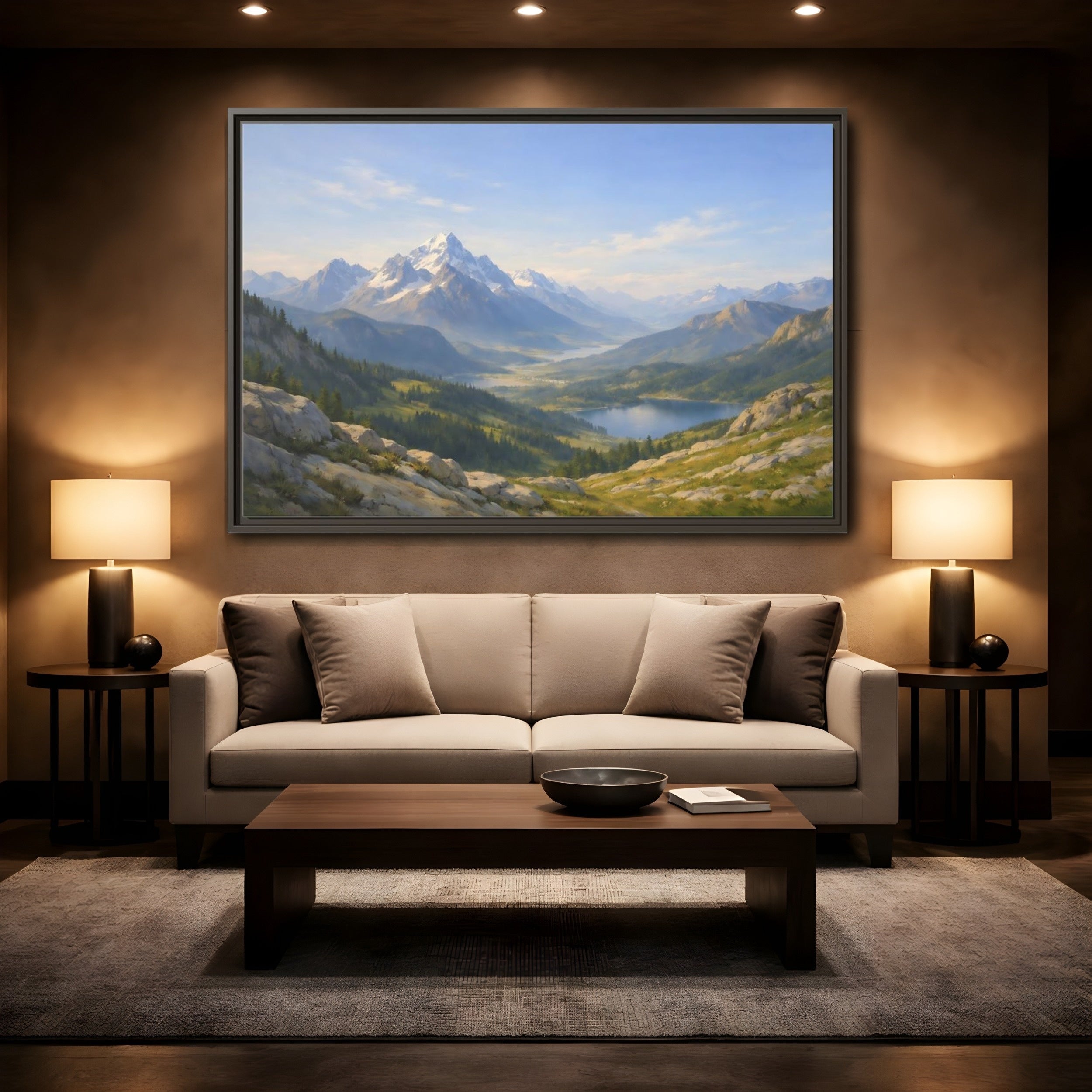 Mockup 2. Nature Snowy Mountains Blue Green Landscape shown as stretched canvas wall art