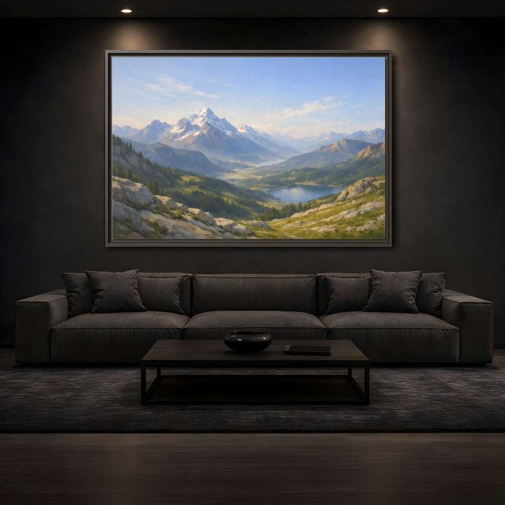 Mockup 3. Nature Snowy Mountains Blue Green Landscape shown as stretched canvas wall art