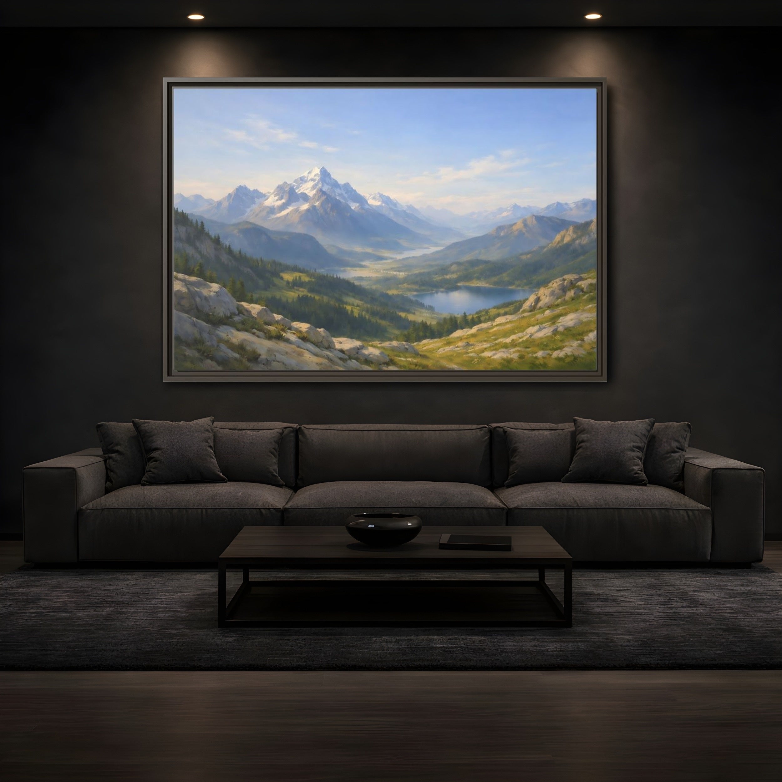 Mockup 3. Nature Snowy Mountains Blue Green Landscape shown as stretched canvas wall art