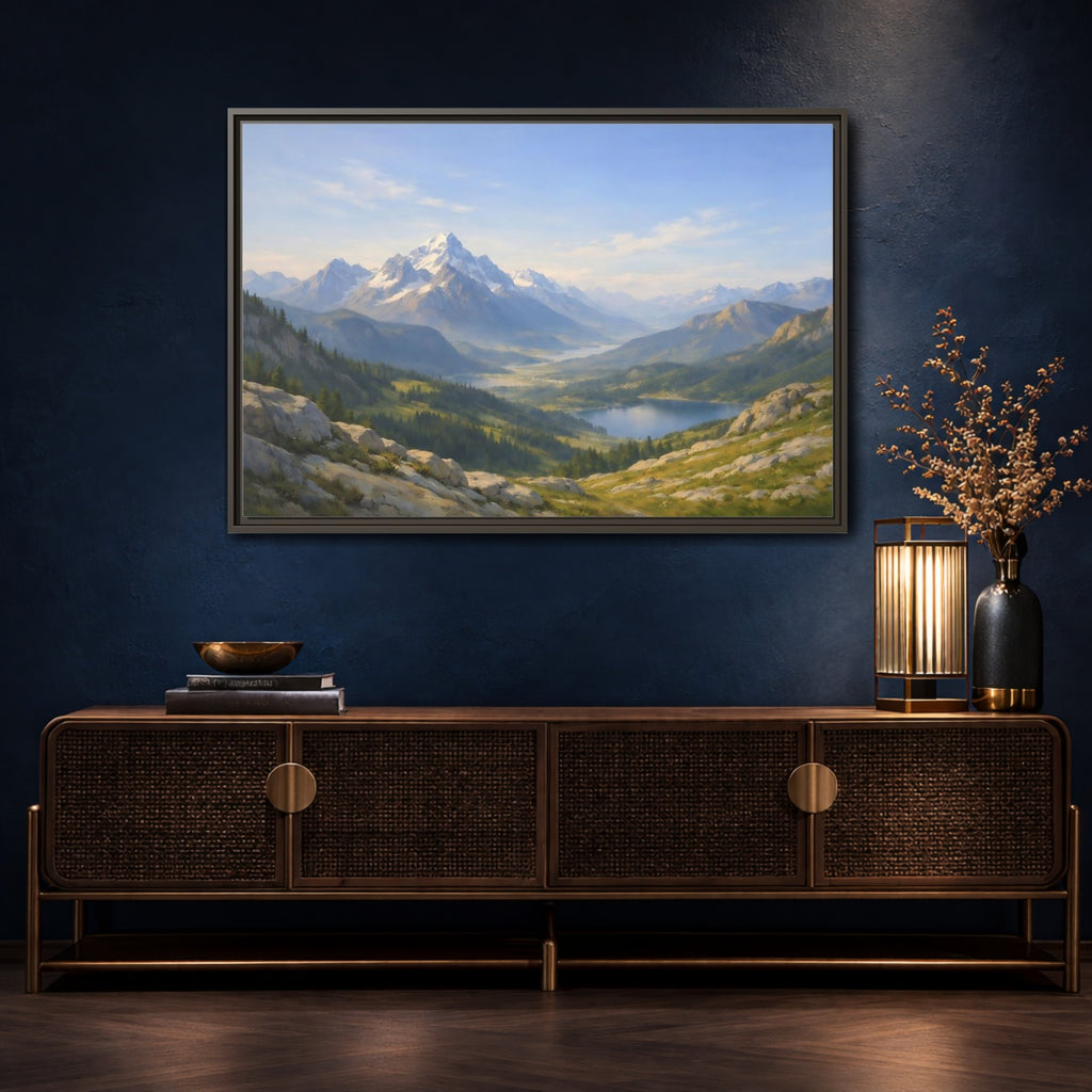 Mockup 4. Nature Snowy Mountains Blue Green Landscape shown as stretched canvas wall art