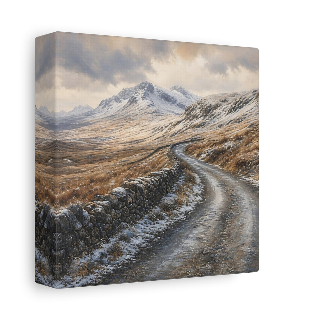 Side Mockup 2. Nature Snowy Mountains Brown And Gray Winter shown as stretched canvas wall art