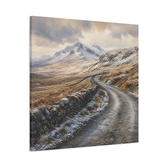 Main Mockup. Nature Snowy Mountains Brown And Gray Winter shown as stretched canvas wall art