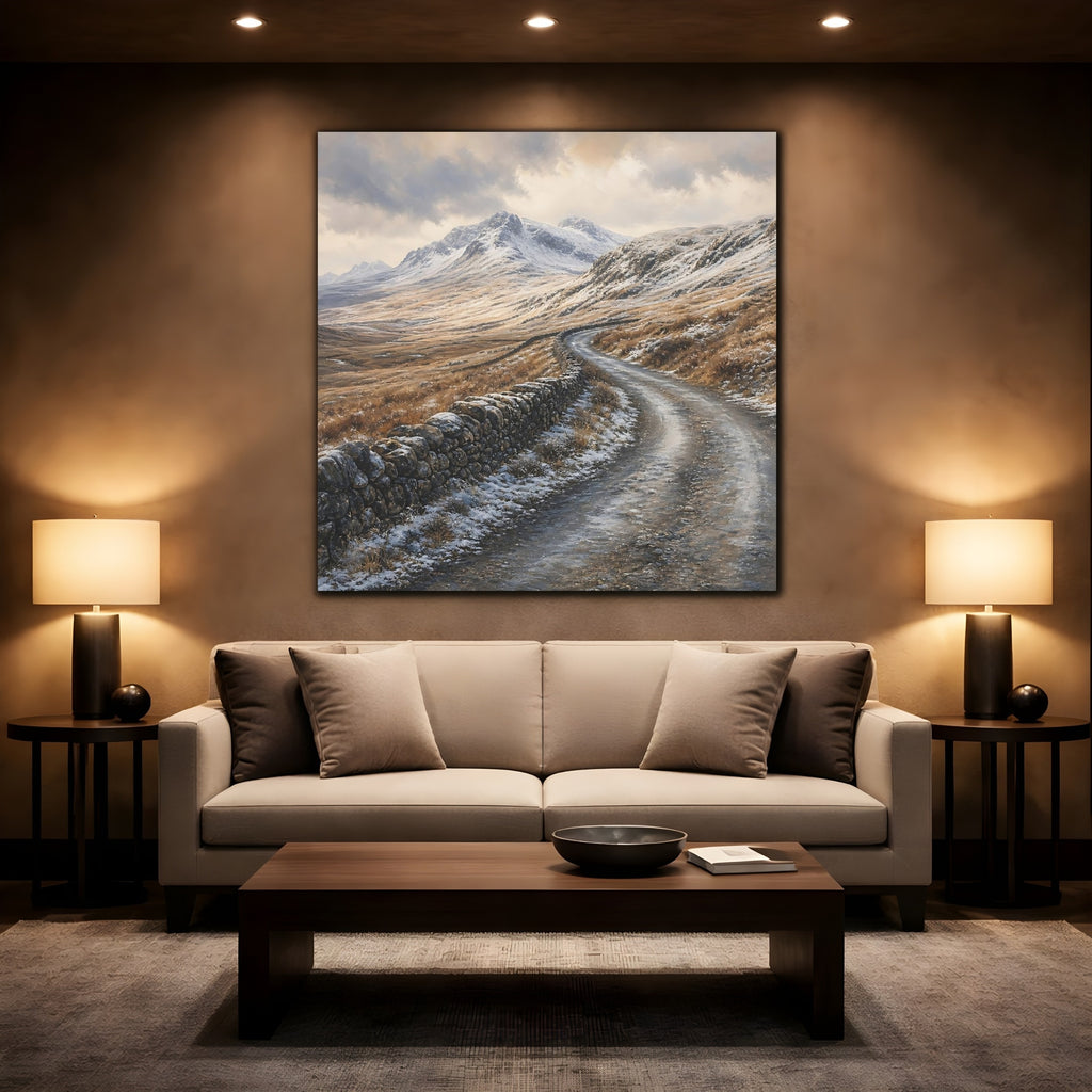 Mockup 2. Nature Snowy Mountains Brown And Gray Winter shown as stretched canvas wall art
