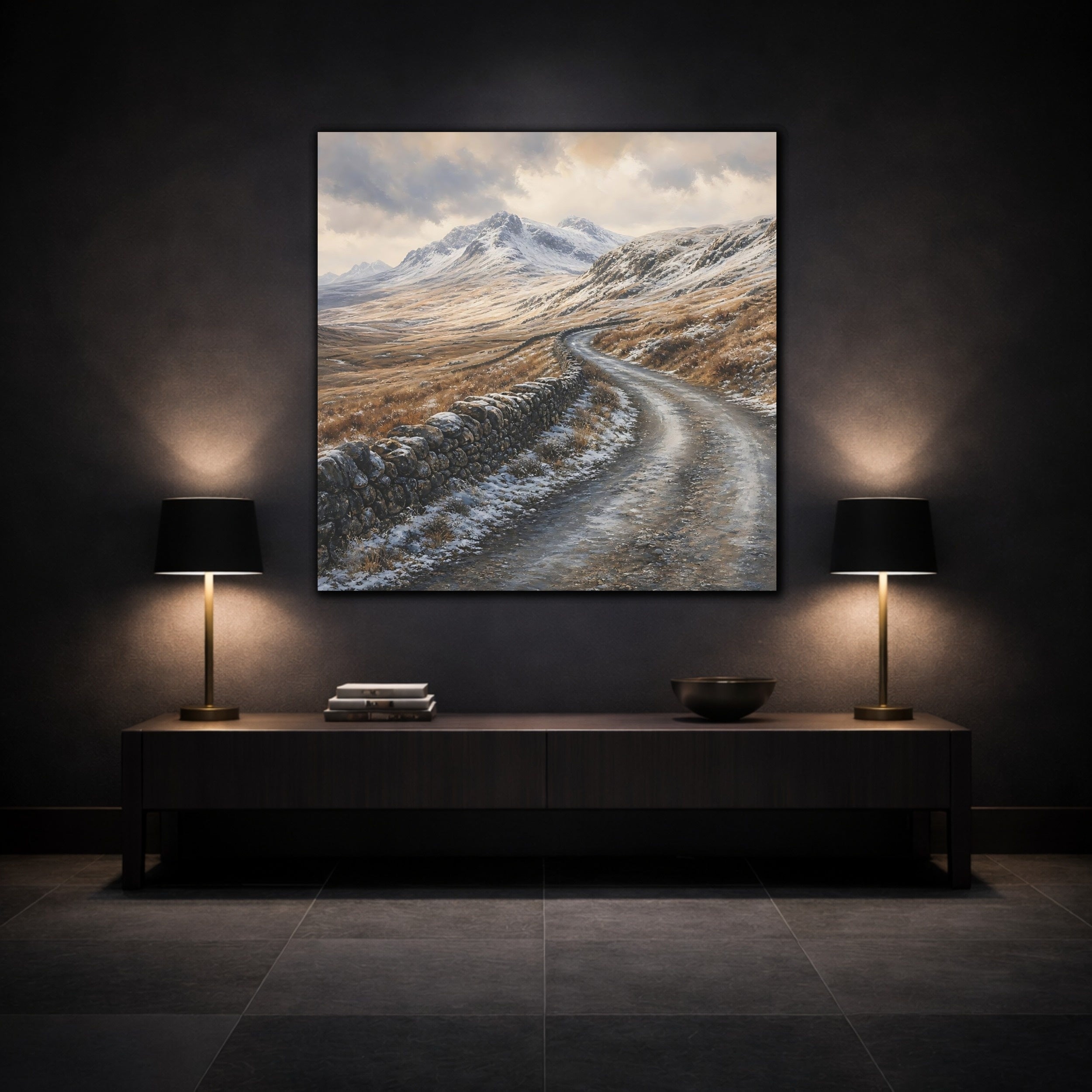 Mockup 3. Nature Snowy Mountains Brown And Gray Winter shown as stretched canvas wall art