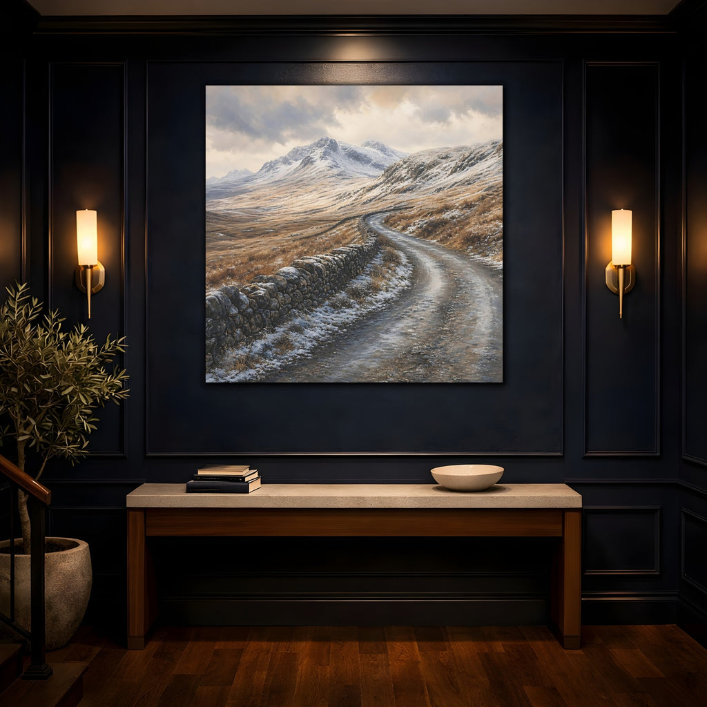 Mockup 4. Nature Snowy Mountains Brown And Gray Winter shown as stretched canvas wall art
