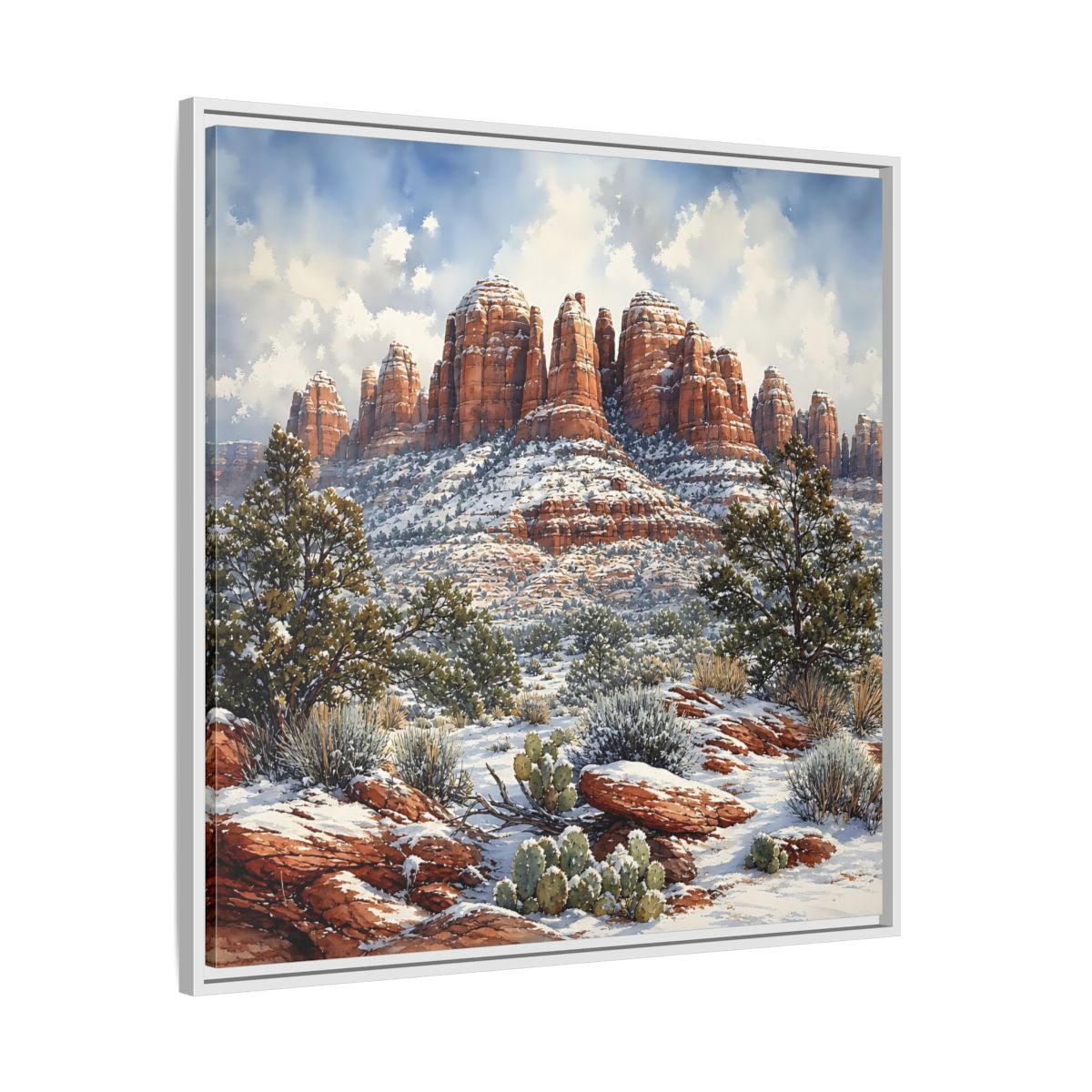Side Mockup 25. Nature Snowy Mountains Snowy Mountain Desert shown as stretched canvas wall art