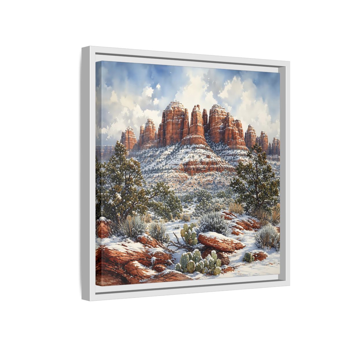 Side Mockup 13. Nature Snowy Mountains Snowy Mountain Desert shown as stretched canvas wall art