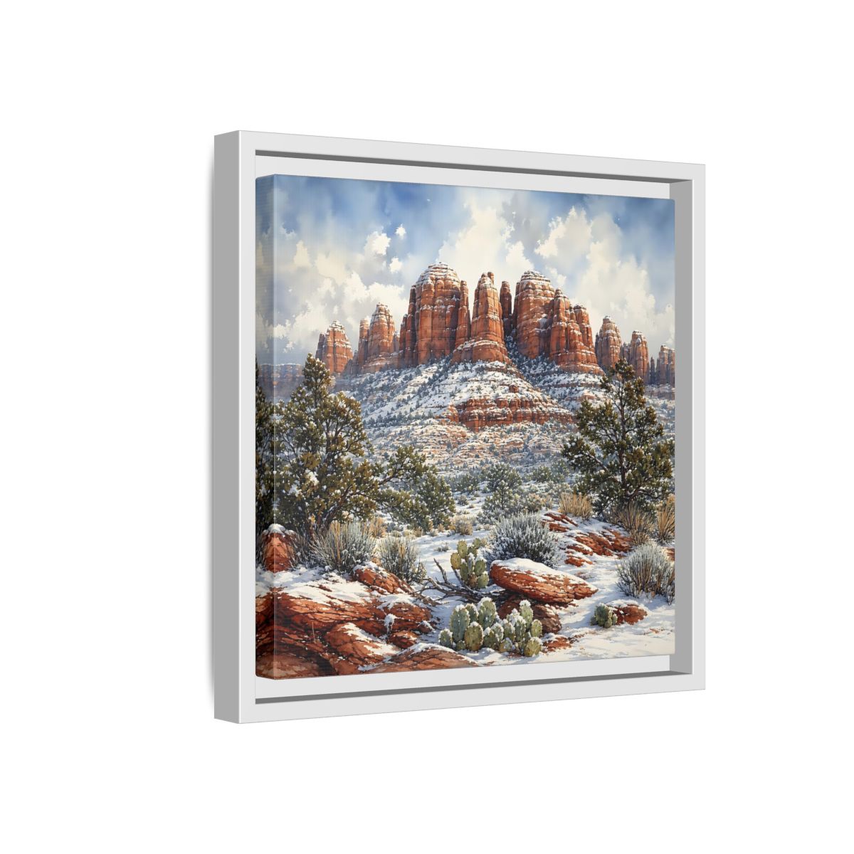 Side Mockup 16. Nature Snowy Mountains Snowy Mountain Desert shown as stretched canvas wall art