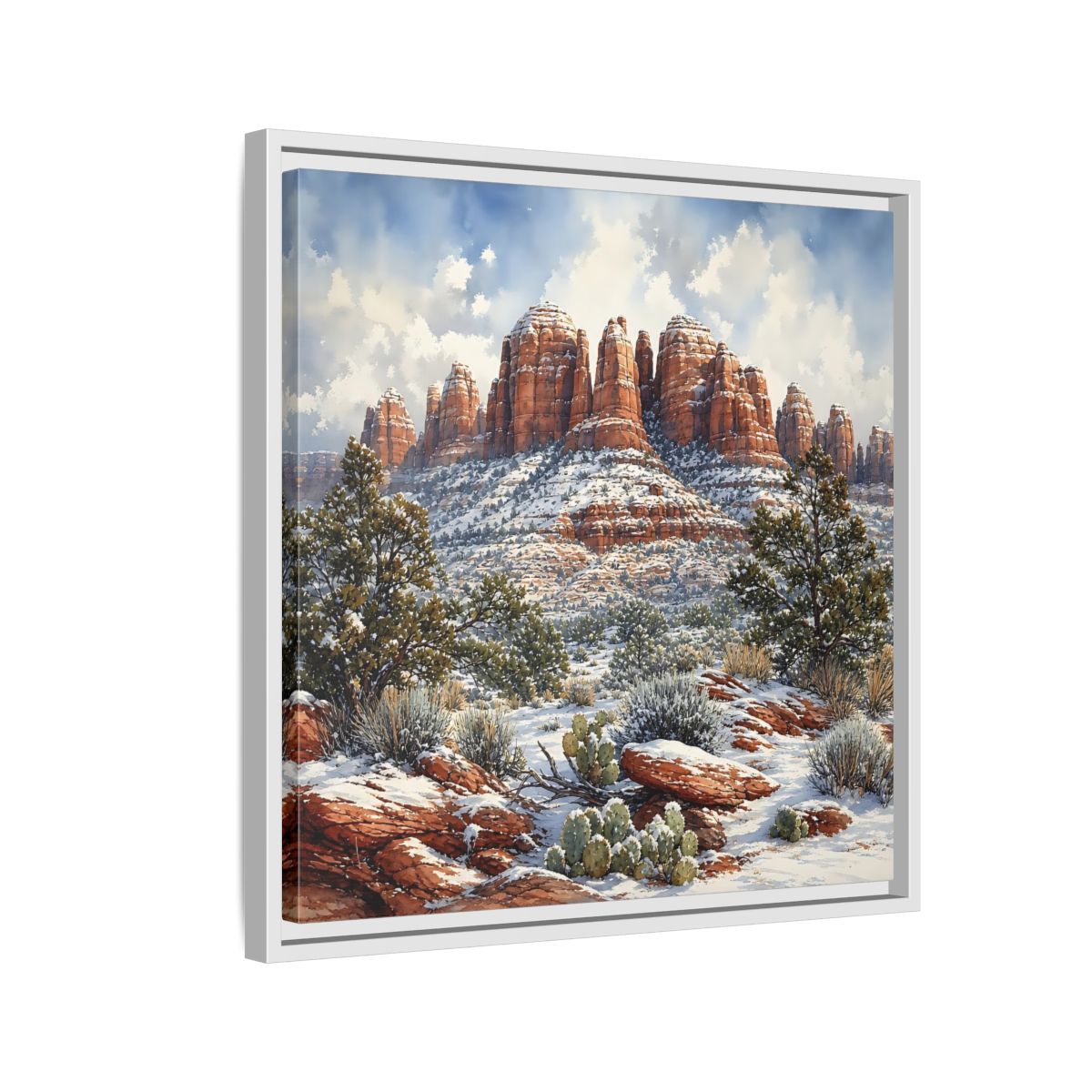 Side Mockup 10. Nature Snowy Mountains Snowy Mountain Desert shown as stretched canvas wall art