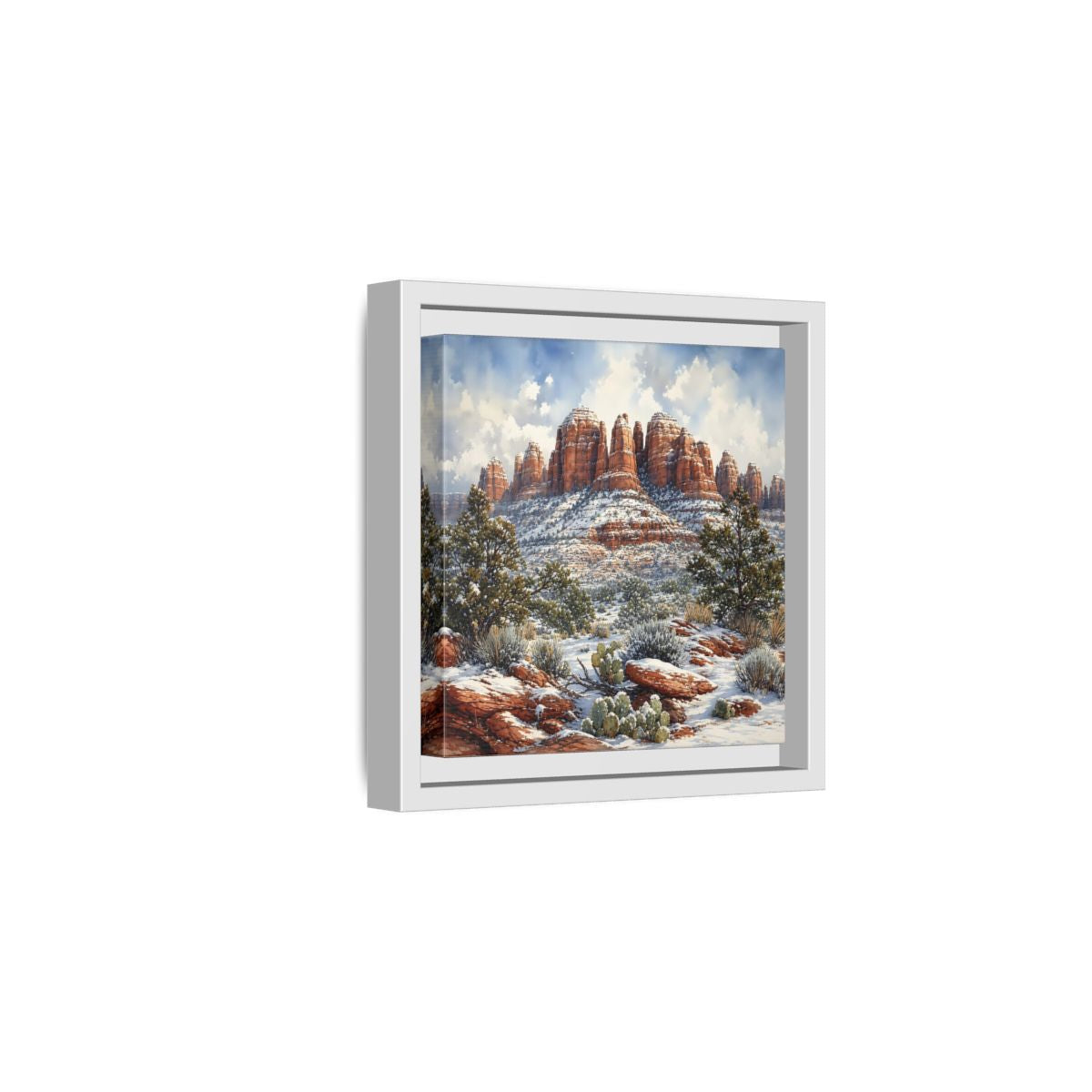 Side Mockup 1. Nature Snowy Mountains Snowy Mountain Desert shown as stretched canvas wall art