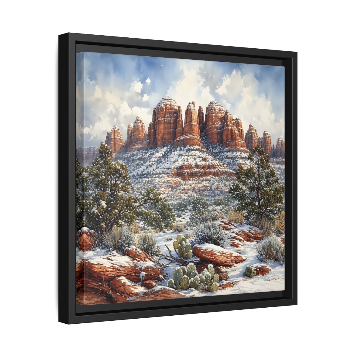 Side Mockup 32. Nature Snowy Mountains Snowy Mountain Desert shown as stretched canvas wall art