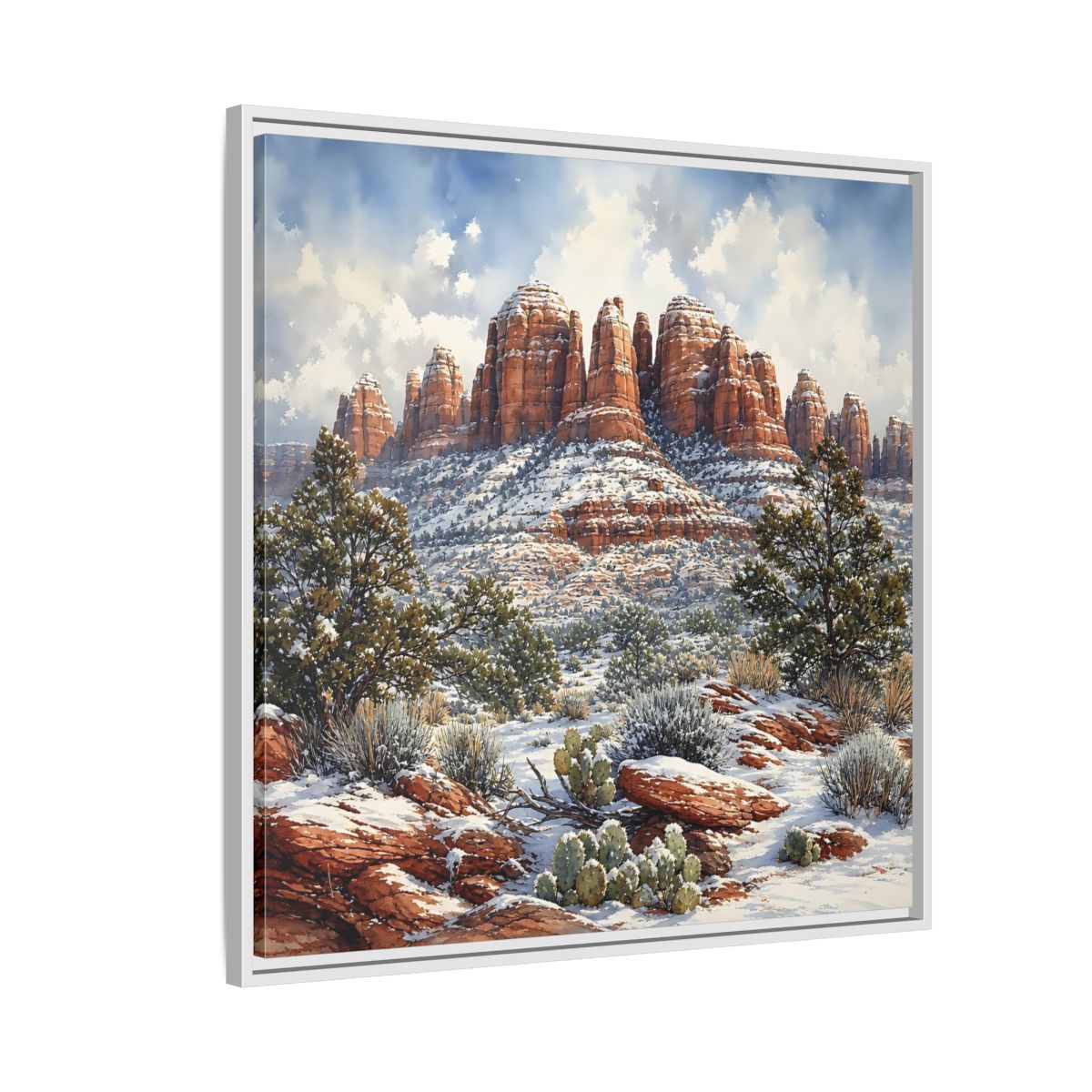 Side Mockup 7. Nature Snowy Mountains Snowy Mountain Desert shown as stretched canvas wall art