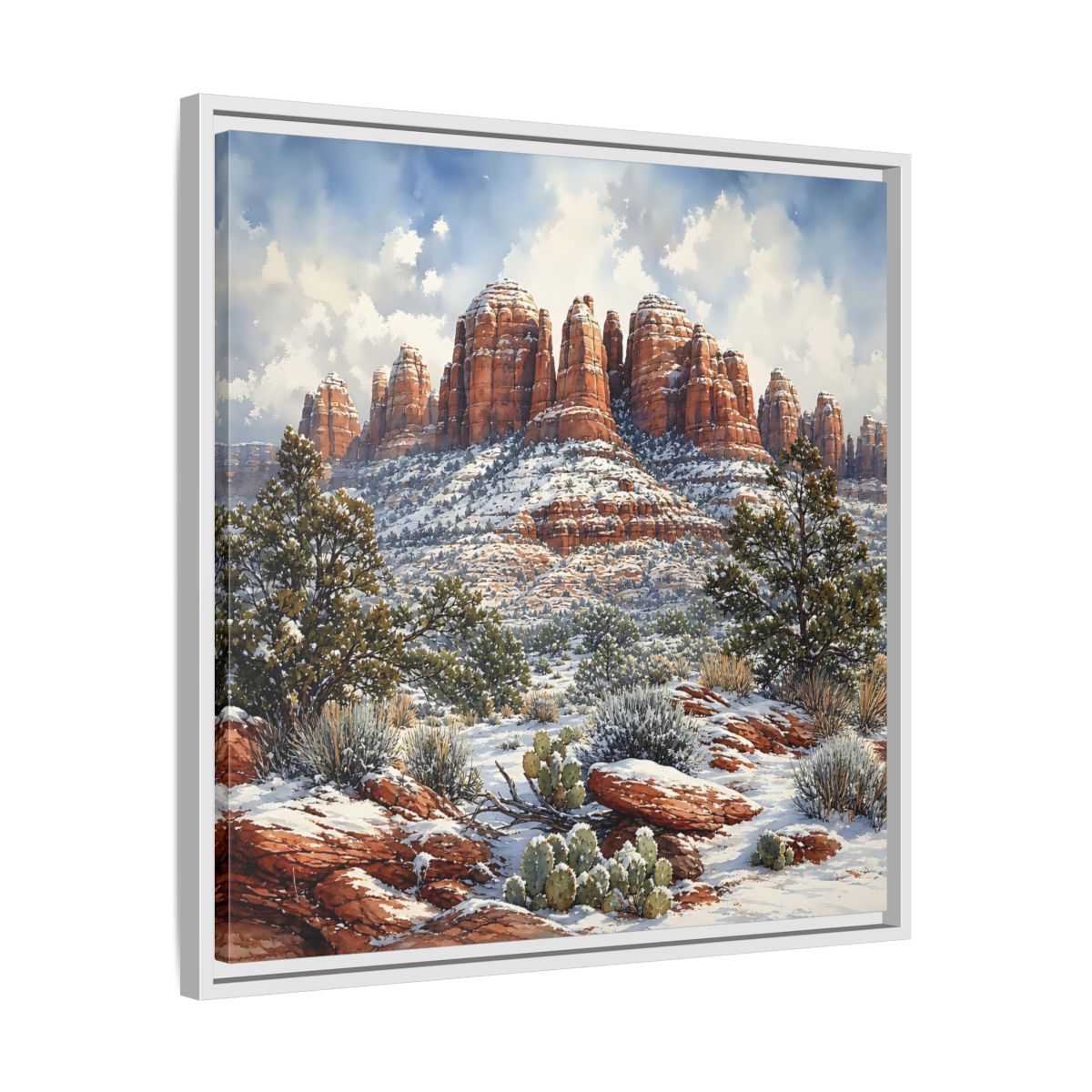 Side Mockup 26. Nature Snowy Mountains Snowy Mountain Desert shown as stretched canvas wall art