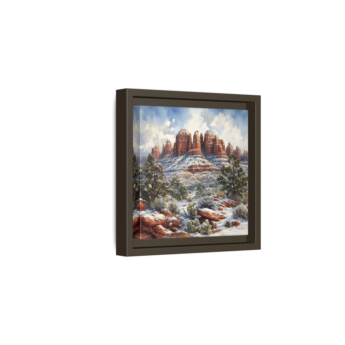 Side Mockup 2. Nature Snowy Mountains Snowy Mountain Desert shown as stretched canvas wall art