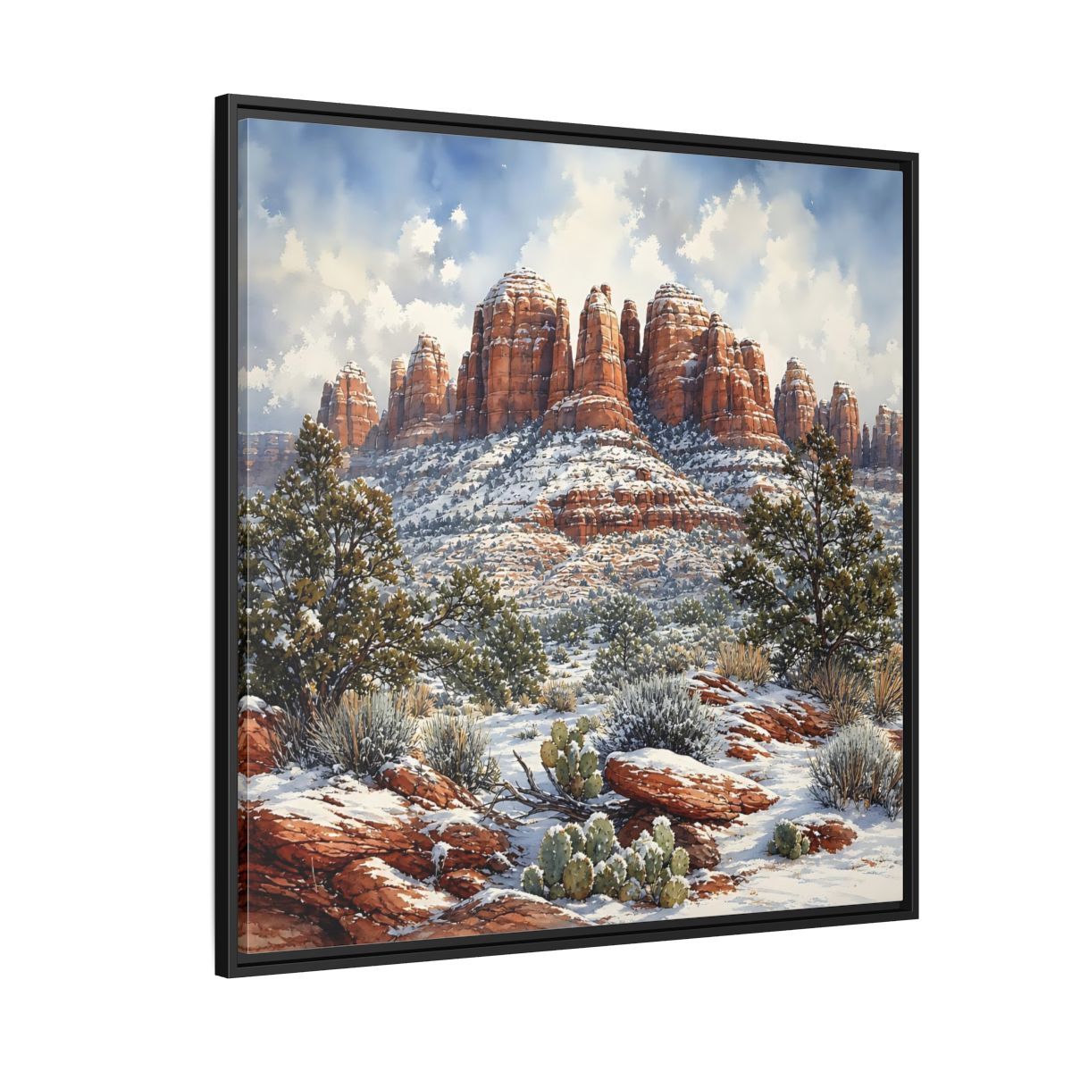Side Mockup 6. Nature Snowy Mountains Snowy Mountain Desert shown as stretched canvas wall art