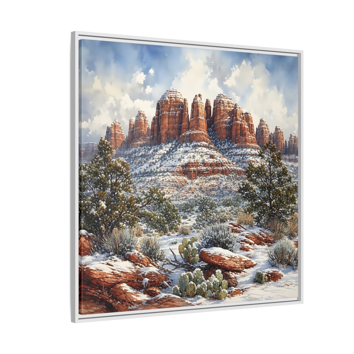Side Mockup 4. Nature Snowy Mountains Snowy Mountain Desert shown as stretched canvas wall art