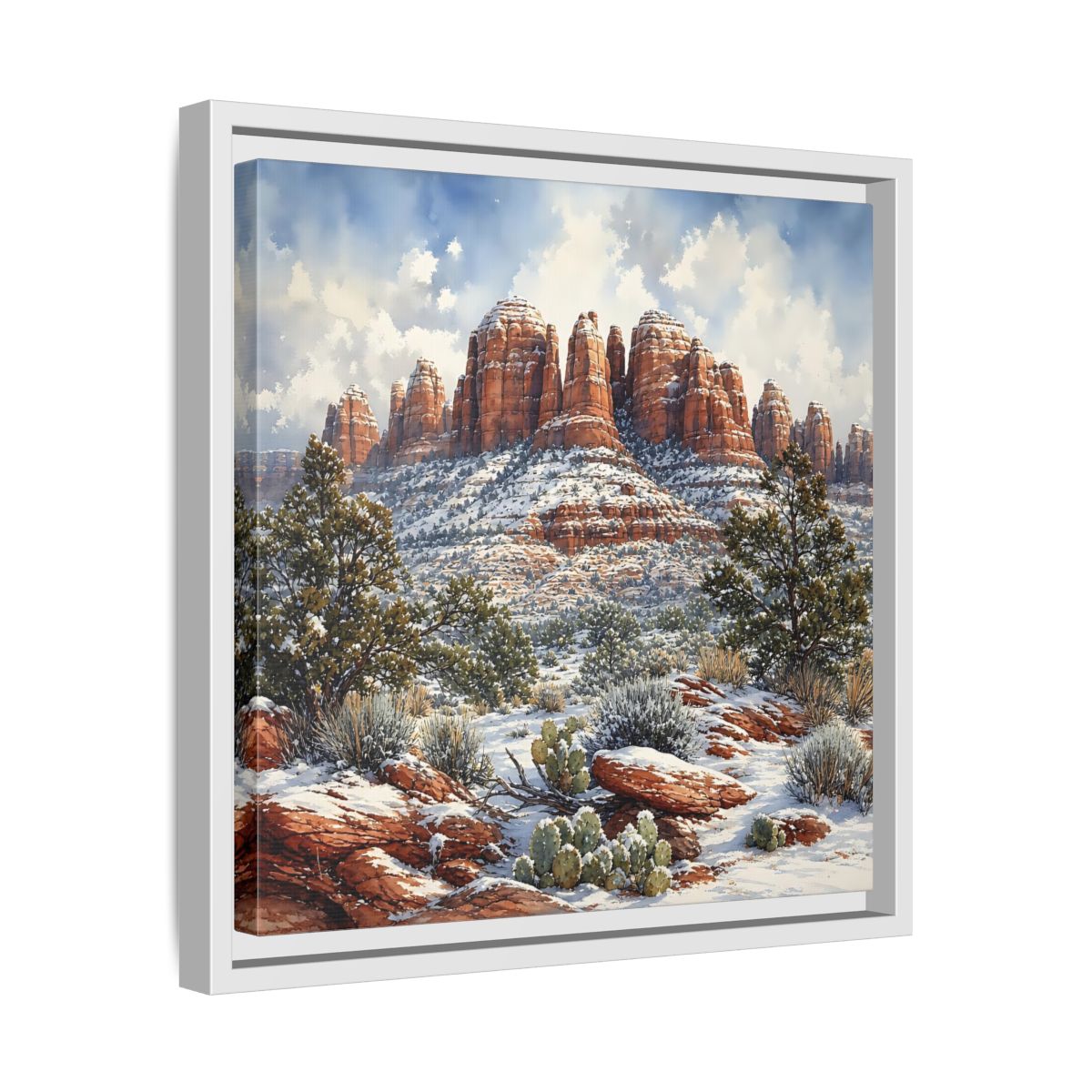 Side Mockup 28. Nature Snowy Mountains Snowy Mountain Desert shown as stretched canvas wall art
