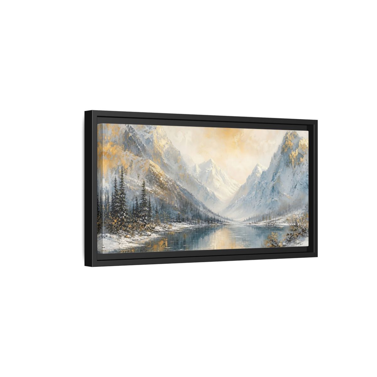 Side Mockup 8. Nature Snowy Mountains Gold And Blue Landscape shown as stretched canvas wall art
