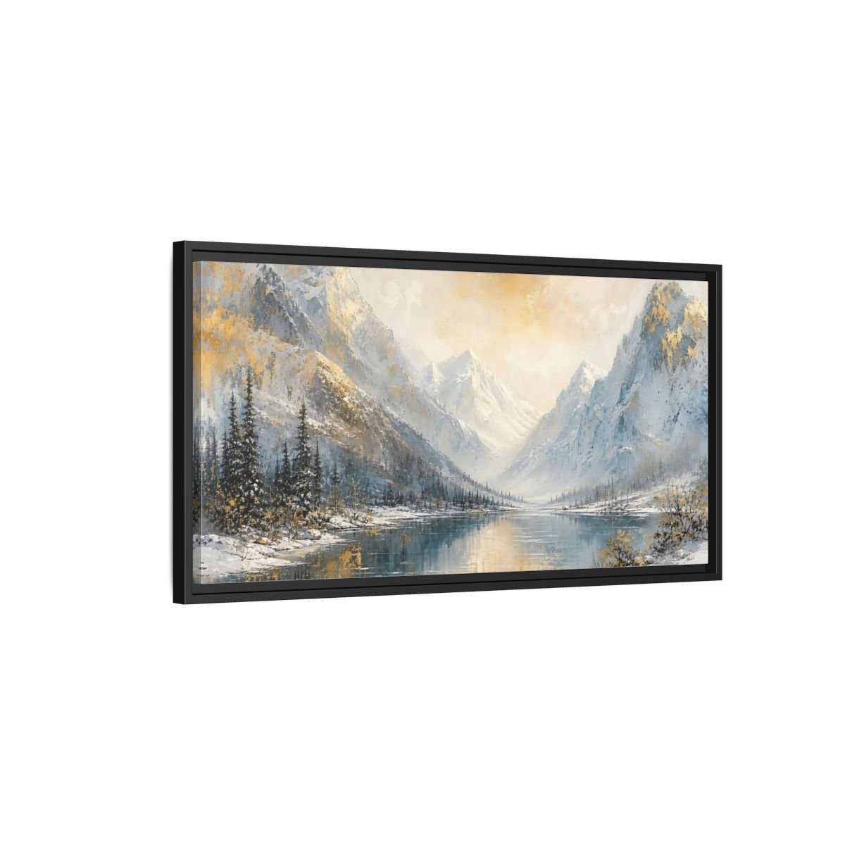 Side Mockup 2. Nature Snowy Mountains Gold And Blue Landscape shown as stretched canvas wall art