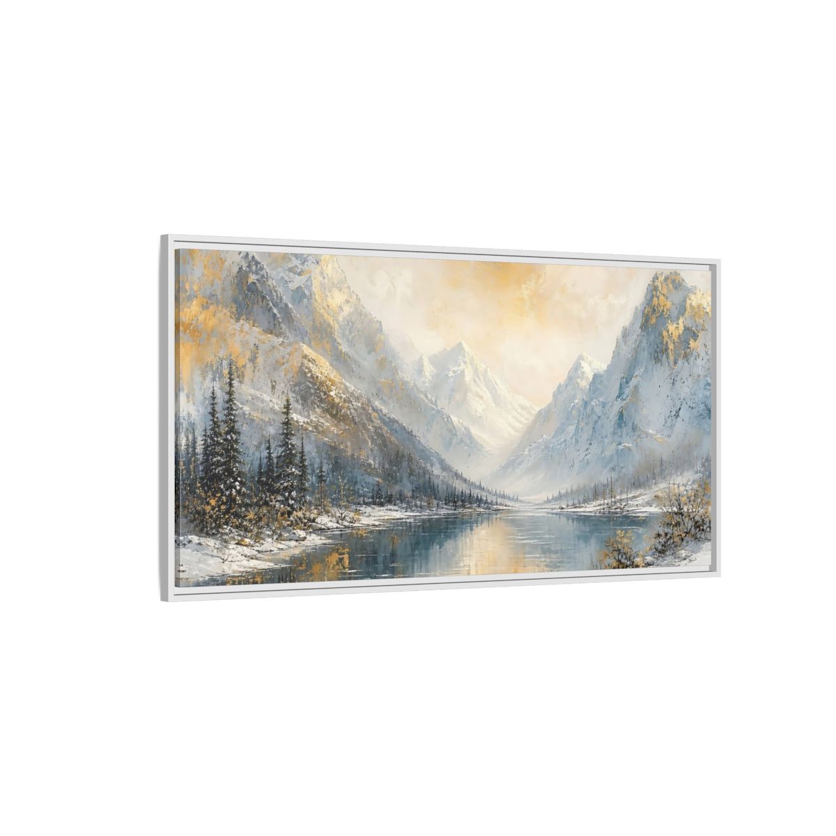 Side Mockup 3. Nature Snowy Mountains Gold And Blue Landscape shown as stretched canvas wall art