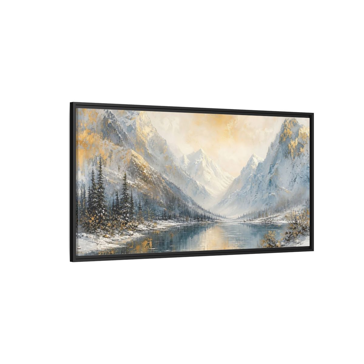 Side Mockup 5. Nature Snowy Mountains Gold And Blue Landscape shown as stretched canvas wall art