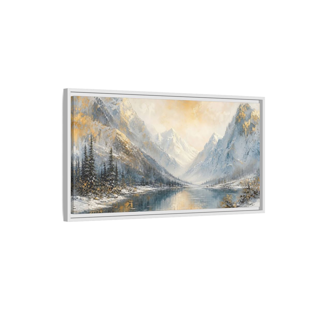Side Mockup 1. Nature Snowy Mountains Gold And Blue Landscape shown as stretched canvas wall art