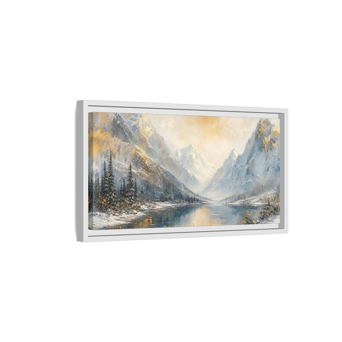Side Mockup 6. Nature Snowy Mountains Gold And Blue Landscape shown as stretched canvas wall art