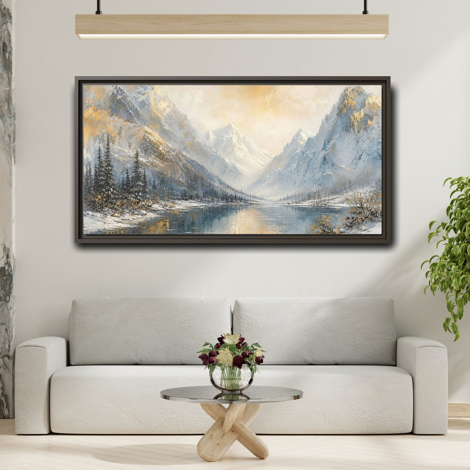 Mockup 2. Nature Snowy Mountains Gold And Blue Landscape shown as stretched canvas wall art