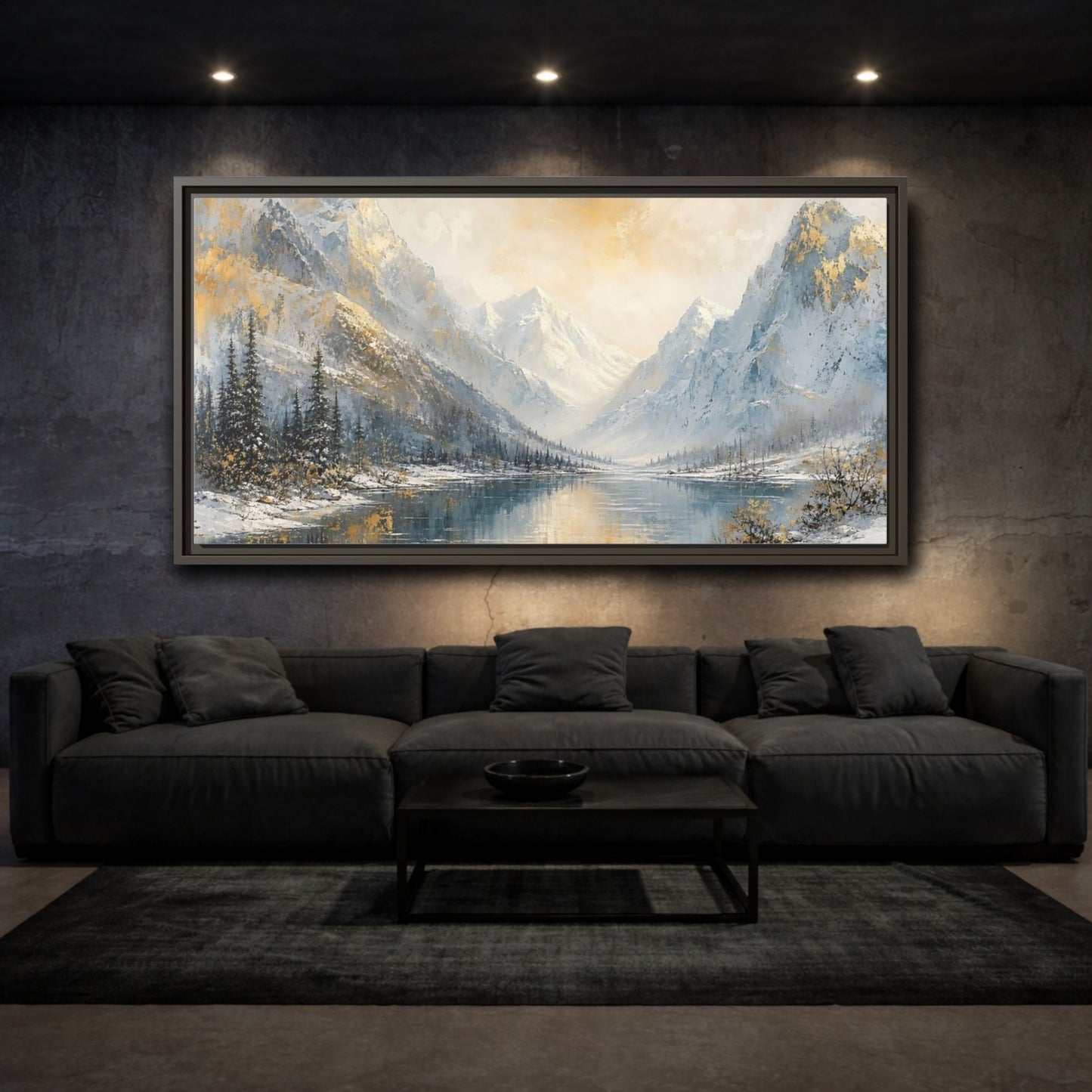 Mockup 3. Nature Snowy Mountains Gold And Blue Landscape shown as stretched canvas wall art