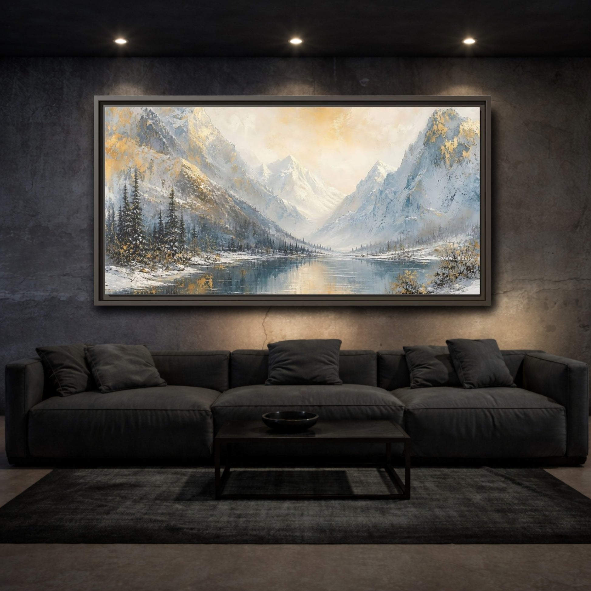 Mockup 3. Nature Snowy Mountains Gold And Blue Landscape shown as stretched canvas wall art