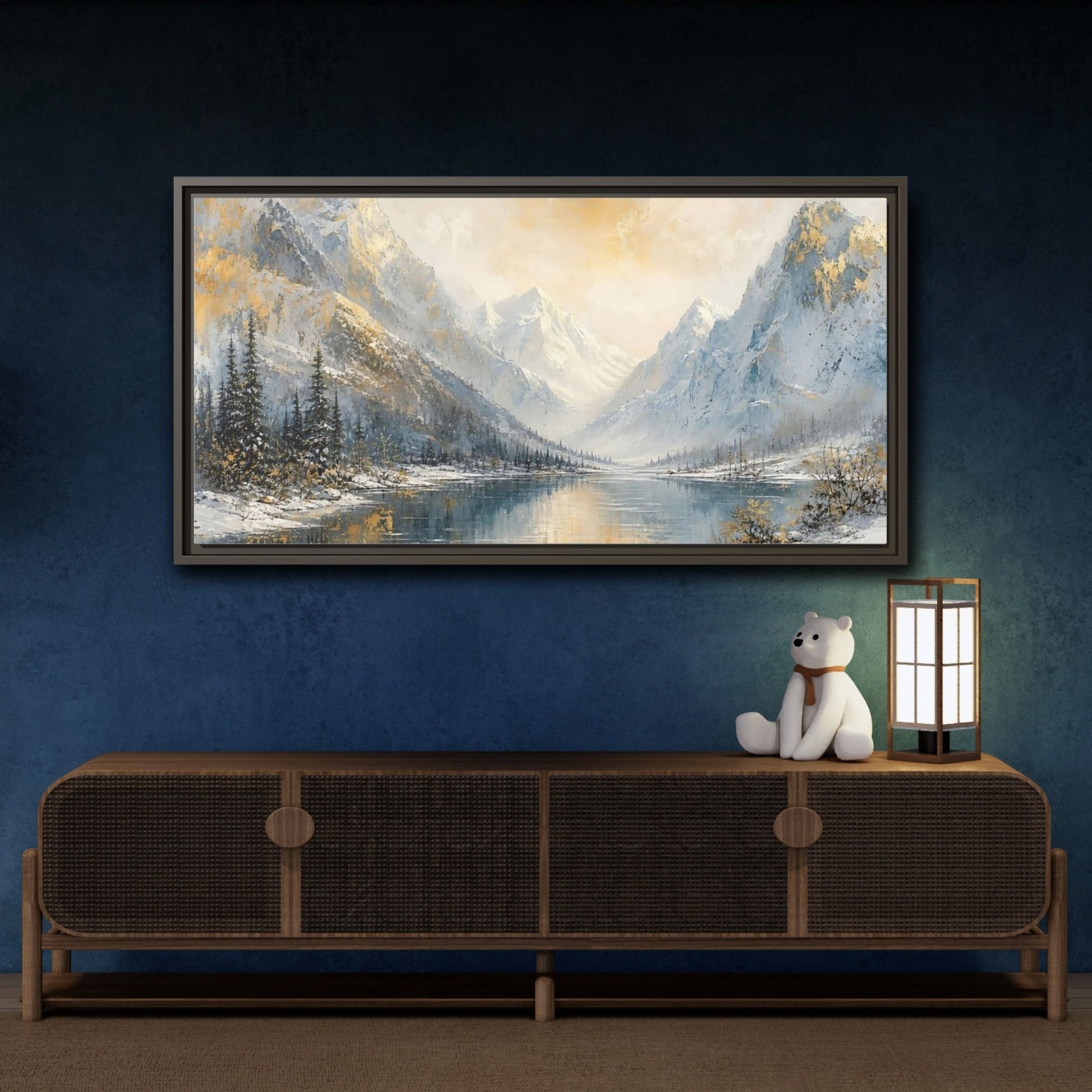 Mockup 4. Nature Snowy Mountains Gold And Blue Landscape shown as stretched canvas wall art