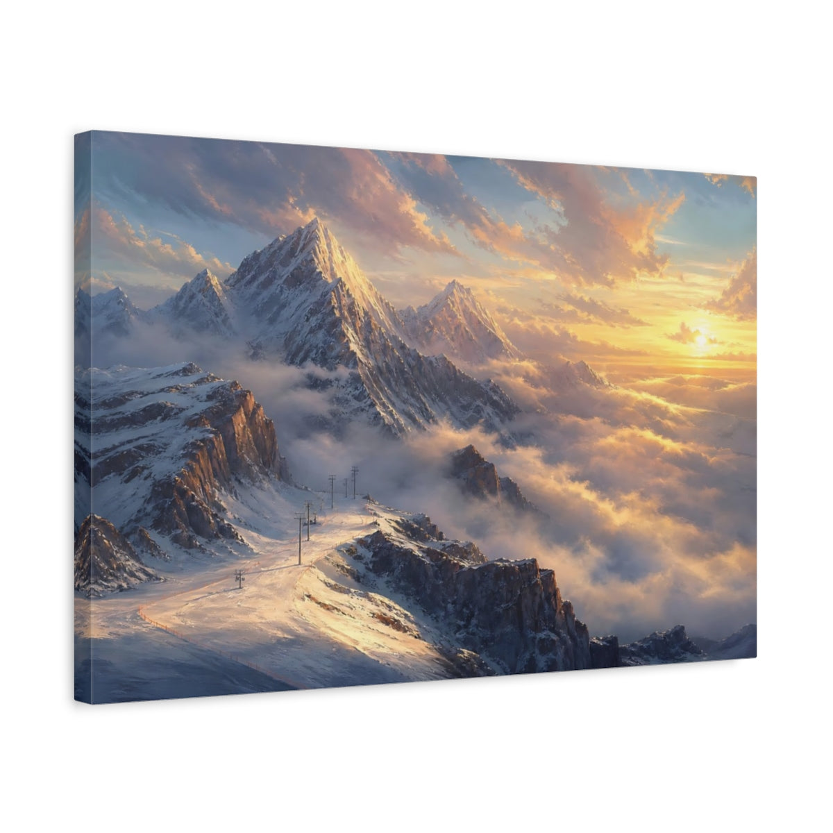 Side Mockup 3. Nature Snowy Mountains Golden Mountain shown as stretched canvas wall art